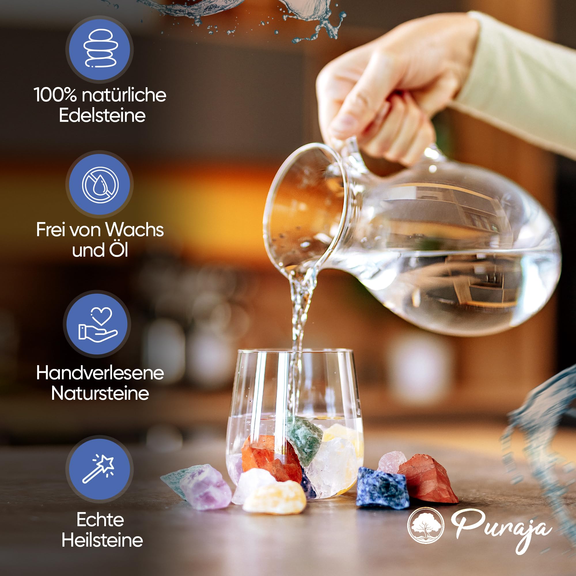 PURAJA Große Wasserstein Mischung | Premium Natursteine | Heilsteine Set mit den 7 beliebtesten Natursteinen | 300g Edelsteine für Trinkwasser | Wassersteine zur Wasseraufbereitung