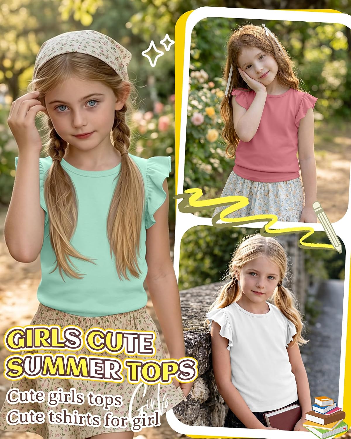 4 Pack Girls Ruffle Sleeve Shirts Kids Crewneck Casual Cute T-Shirts Summer Flutter Short Sleeve Tops Basic Tees