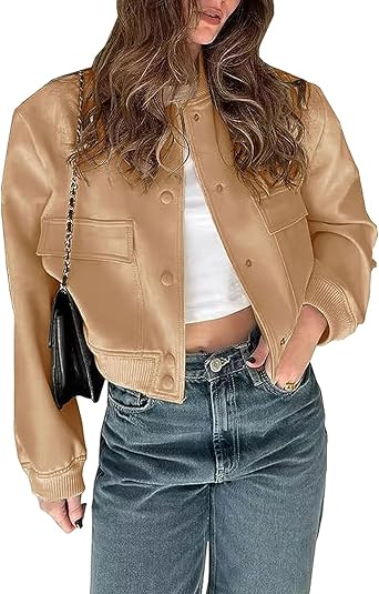 Zontroldy Womens Cropped Casual Long Sleeve Varsity Jacket Bomber Jackets Y2k Streetwear Shacket with Pockets