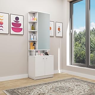 VIKI | Engineered Wood Dressing Table with 2 Door & 1 Mirror Door and Huge Shelf Storage Space | Vanity for Living Room, Bedroom (Frosty White - 60W x 40D x 182.6H cms)