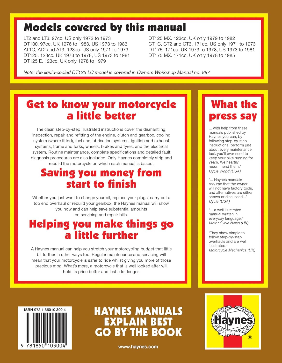Yamaha 100, 125 & 175 Trail Bikes: 97Cc-123Cc-171Cc. 1971 to 1985 Owners Workshop Manual (Haynes)      Paperback – November 1, 1991