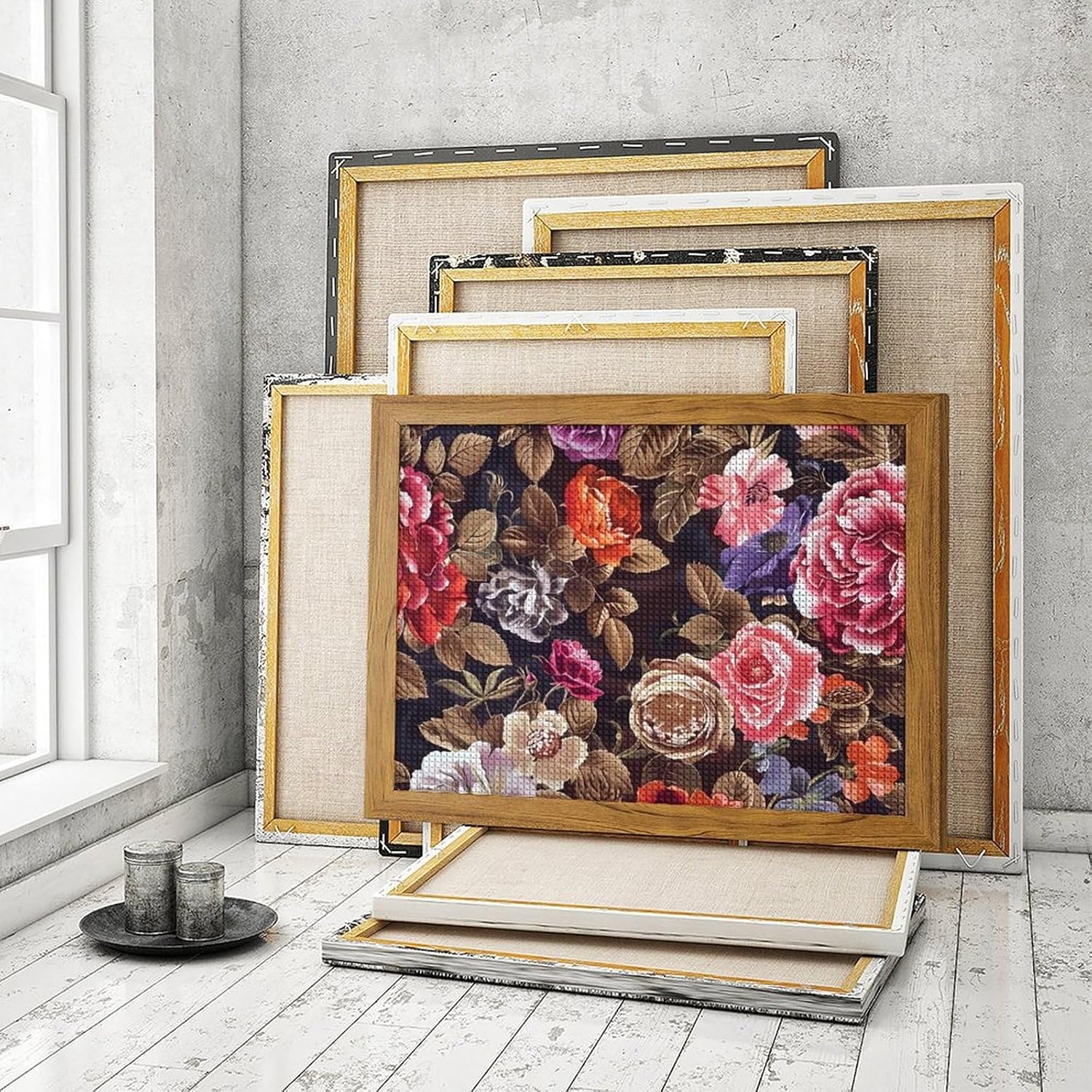 Elegant Roses Floral Pattern Printed Diamond 5D Painting Kits DIY Full Drill Crafts for Home Wall Decor 16x20 Inch Yellow Wood 50 * 40cm