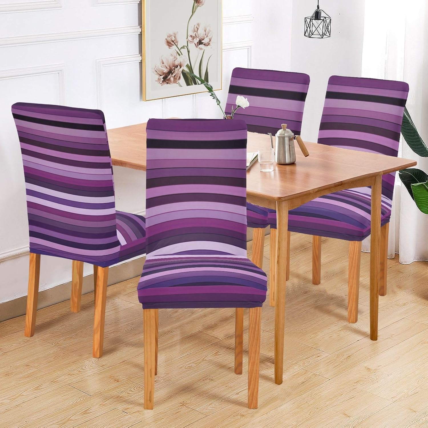 ALAZA Chair Covers for Dining Room, Purple Stripes Stretch Chair Cover Sets Chair Protector Removable Washable for Ktichen Restaurant Hotel