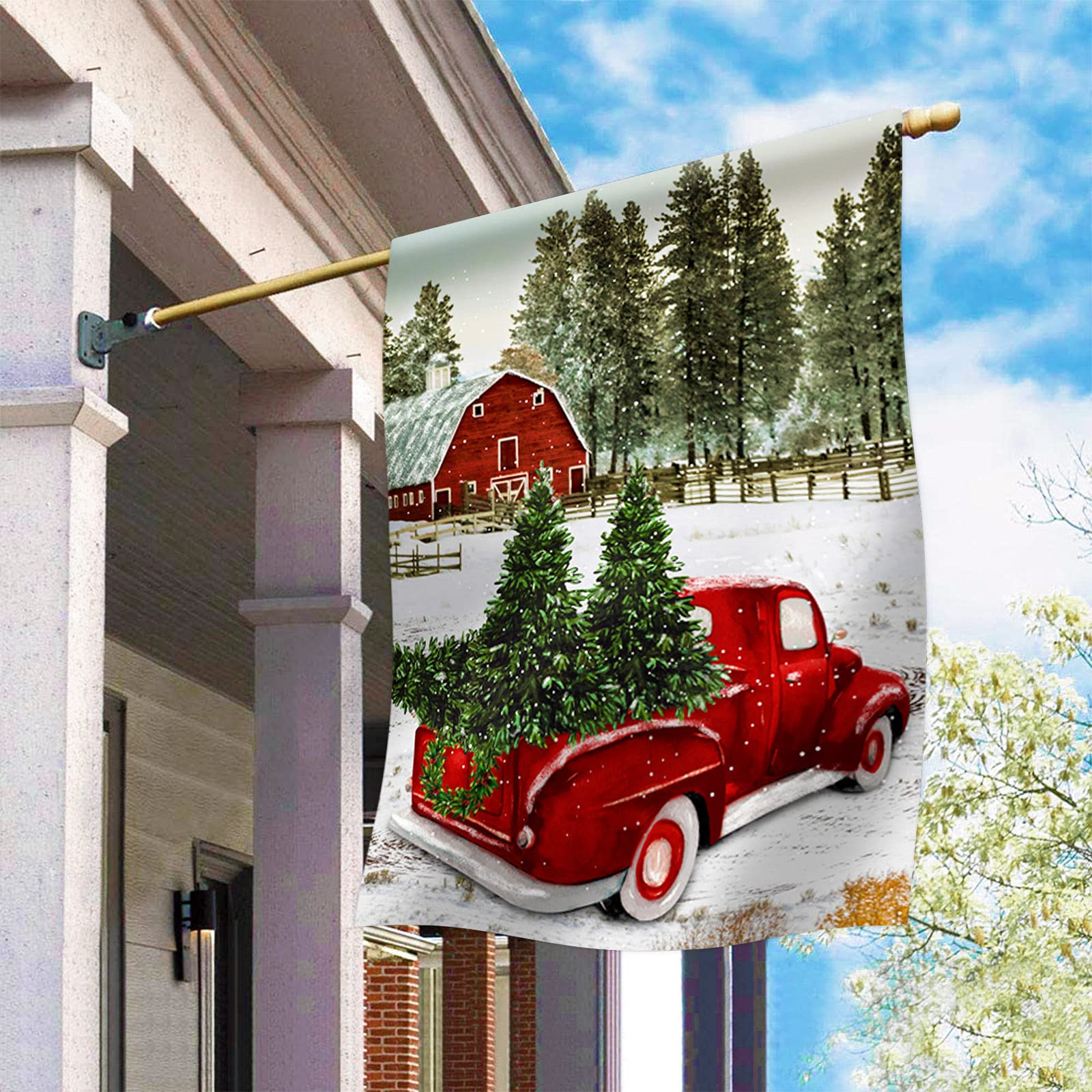 Texupday Welcome Winter Christmas Red Truck Decoration Snow Scene Holiday House Flag Outdoor Yard Flag 71 cm x 101.6 cm