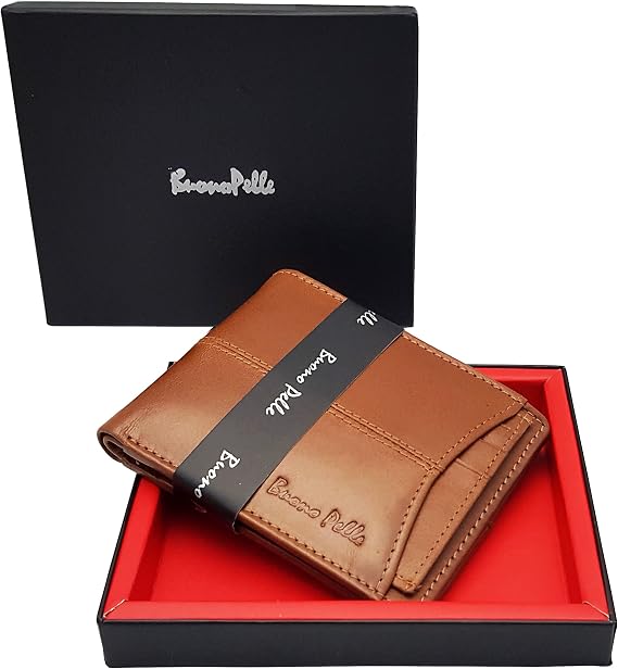 RFID Blocking Mens Designer Luxury Distressed Leather Wallet with Coin Pocket & ID Window Gift Boxed