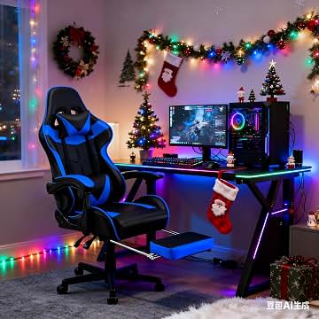 Soontrans Silla Gaming con Masajeador, Silla Gamer con Reposapiés Reposacabeza, Ergonómica, Cojín Lumbar de Masaje, Livesteam Youtube Playstation (Azul)