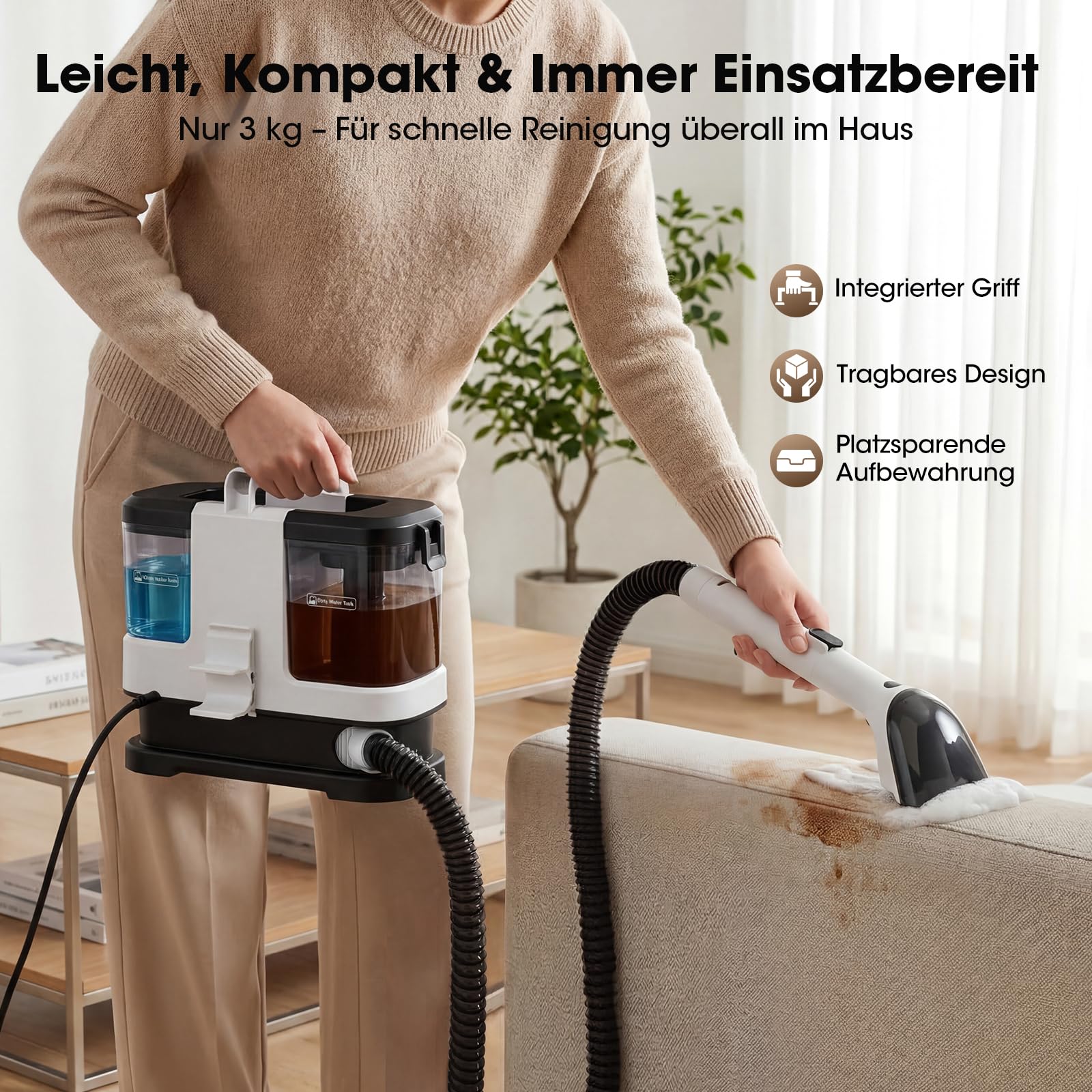 Lubluelu Nasssauger Polsterreiniger Gerät 600 W 15 kPa, kompakter Teppichreiniger & Fleckenreiniger mit starker Saugleistung für Sofa, Teppich & Auto, tragbar und leicht, Tiefenreinigung