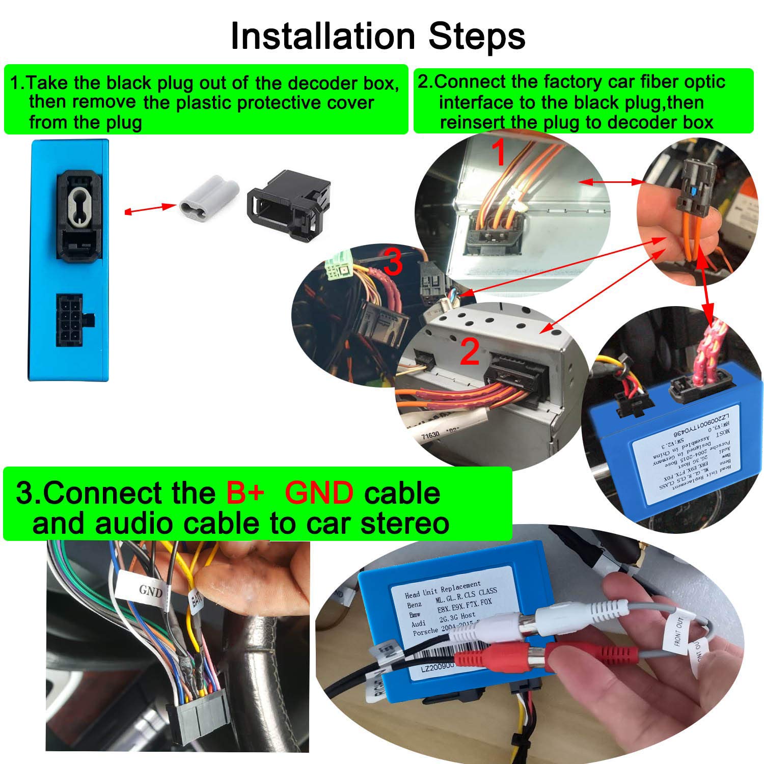 LEXXSON Decodificador de Fibra óptica para Radio estéreo de Coche, Compatible con la mayoría de Modelos ML/GL/R/SLK/CLS y 911 Boxster Cayman para la Serie Porsche Cayenne, Sistema Harman Kardon/Bose.