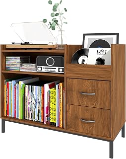 Record Player Stand, Record Stand with Storage, Large Capacity Record Player Table with 2 Drawers, Wood Turntable Stand for Living Room, Corridor(Brown)