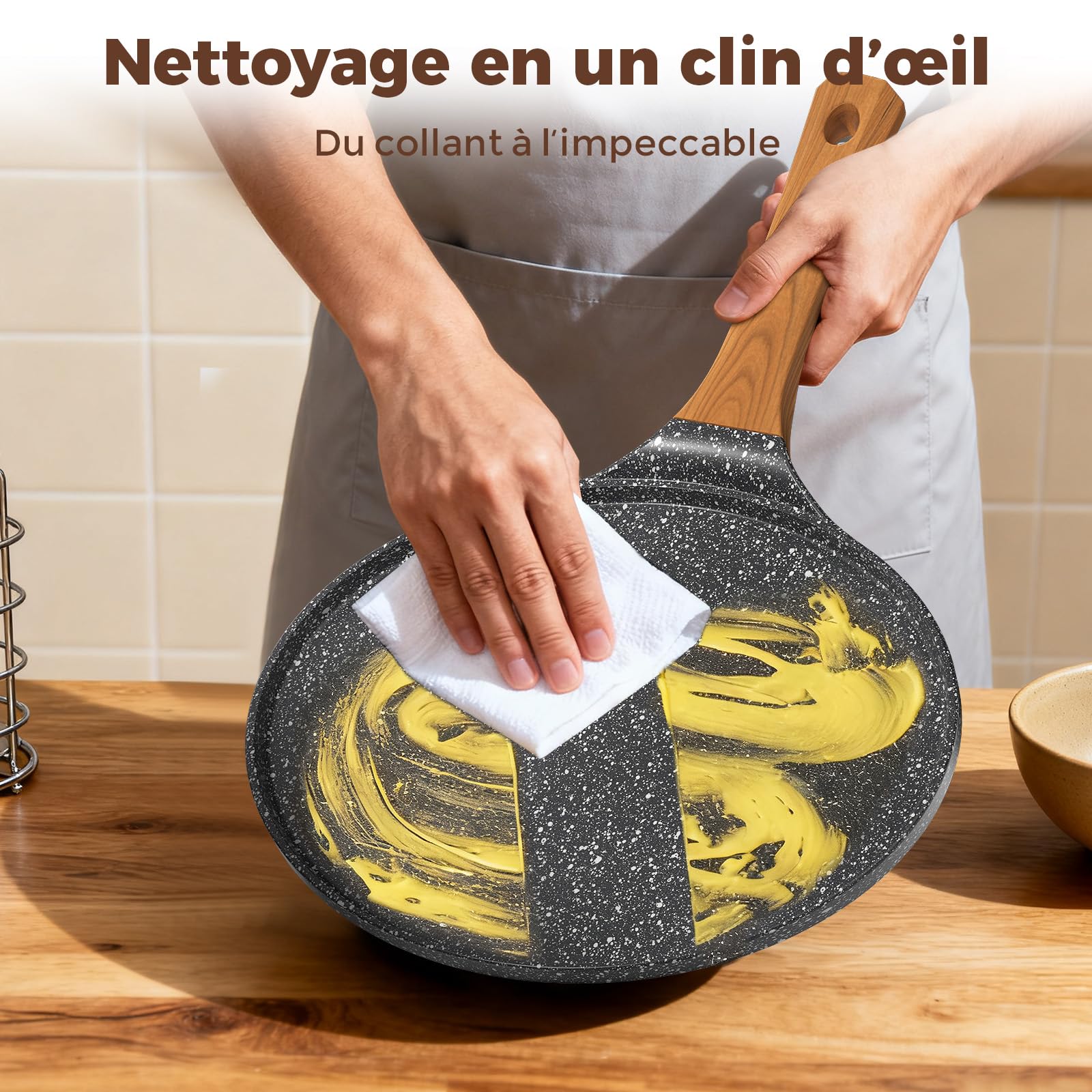 YASHE Crêpière 26 cm antiadhésive, non toxique, sans PTFE ni PFAS | Poêle plate en aluminium moulé avec répartiteur en bois; pour crêpes, pancakes, galettes, dosas et tortillas
