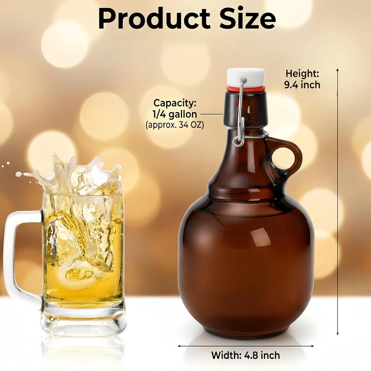 3 Pack 34OZ Amber Glass Bottle, Swing Top Home Brewing Beer Jar, Glass Gallon Jugs with Airtight Rubber, Reusable Leak-proof Container for Kombucha, Beverage, Oil, Vinegar