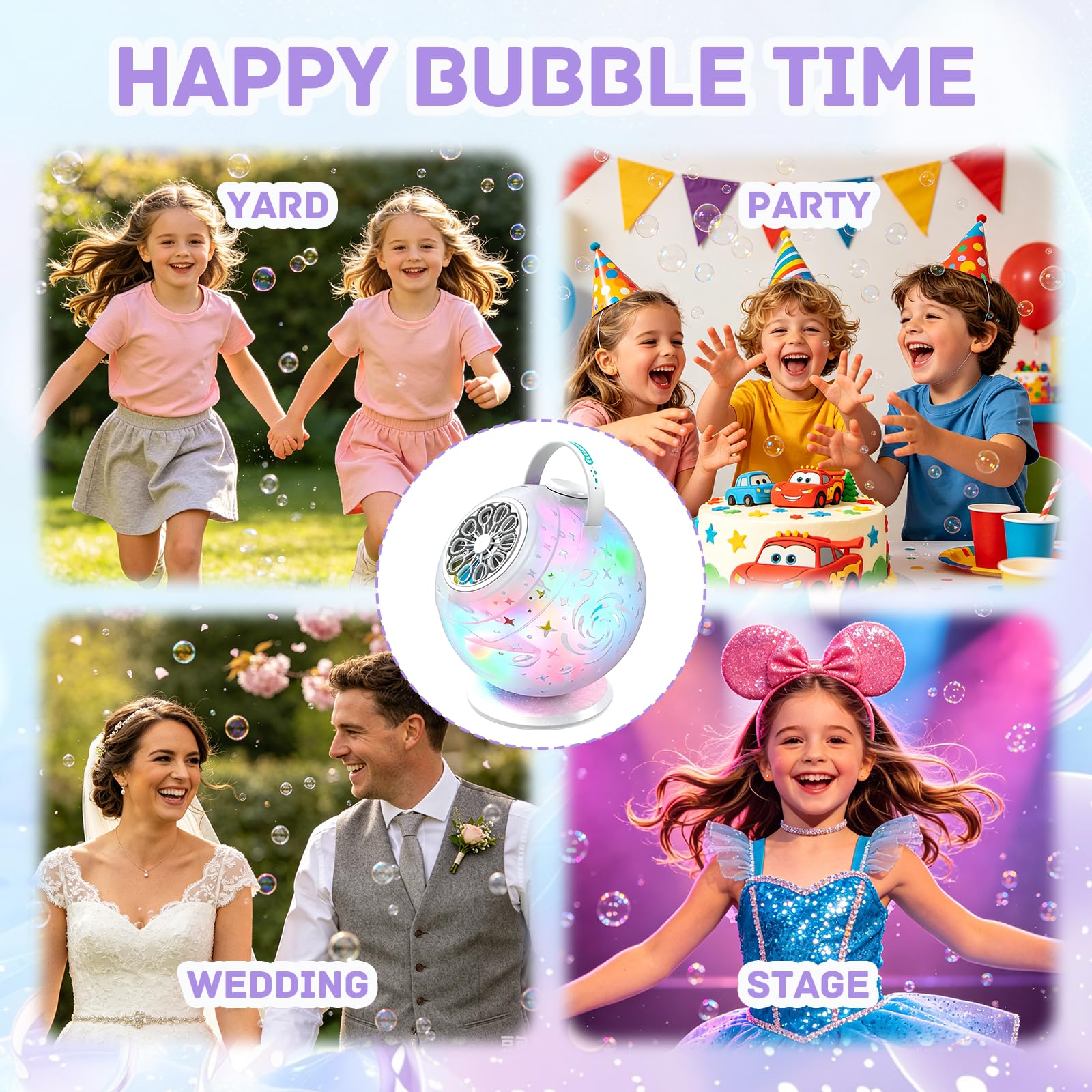 Máquina de pompas de jabón recargable con mando a distancia, 10 agujeros, rotación de 90°/360°, LED, USB-C 45 min tiempo de funcionamiento, burbujas grandes de jabón, para fiestas de