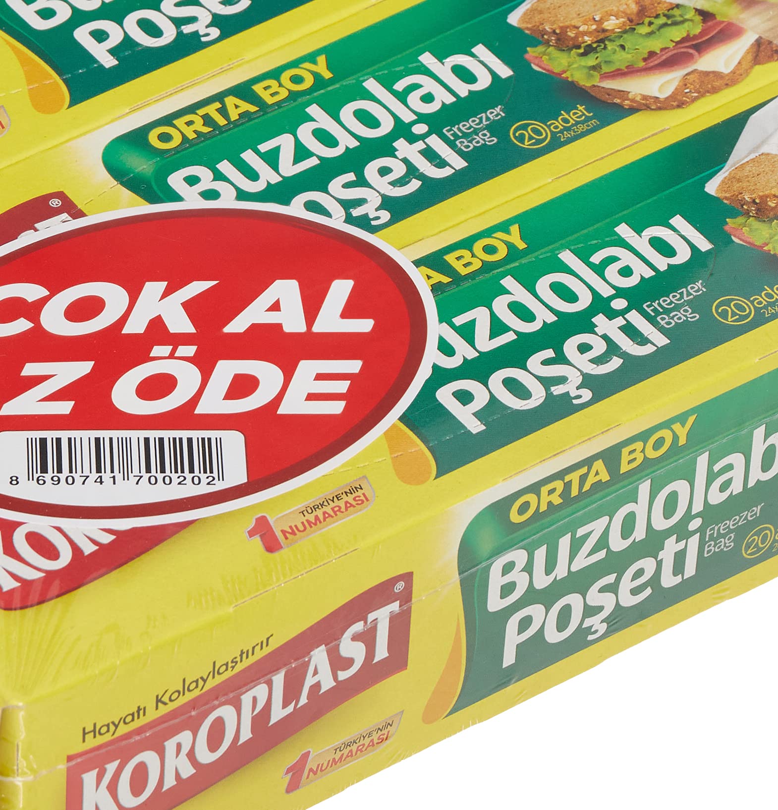 Koroplast 3'lü Çok Al Az Öde Orta Boy 60'lı Buzdolabı Poşeti (3 x 20 Adet) 2li paket