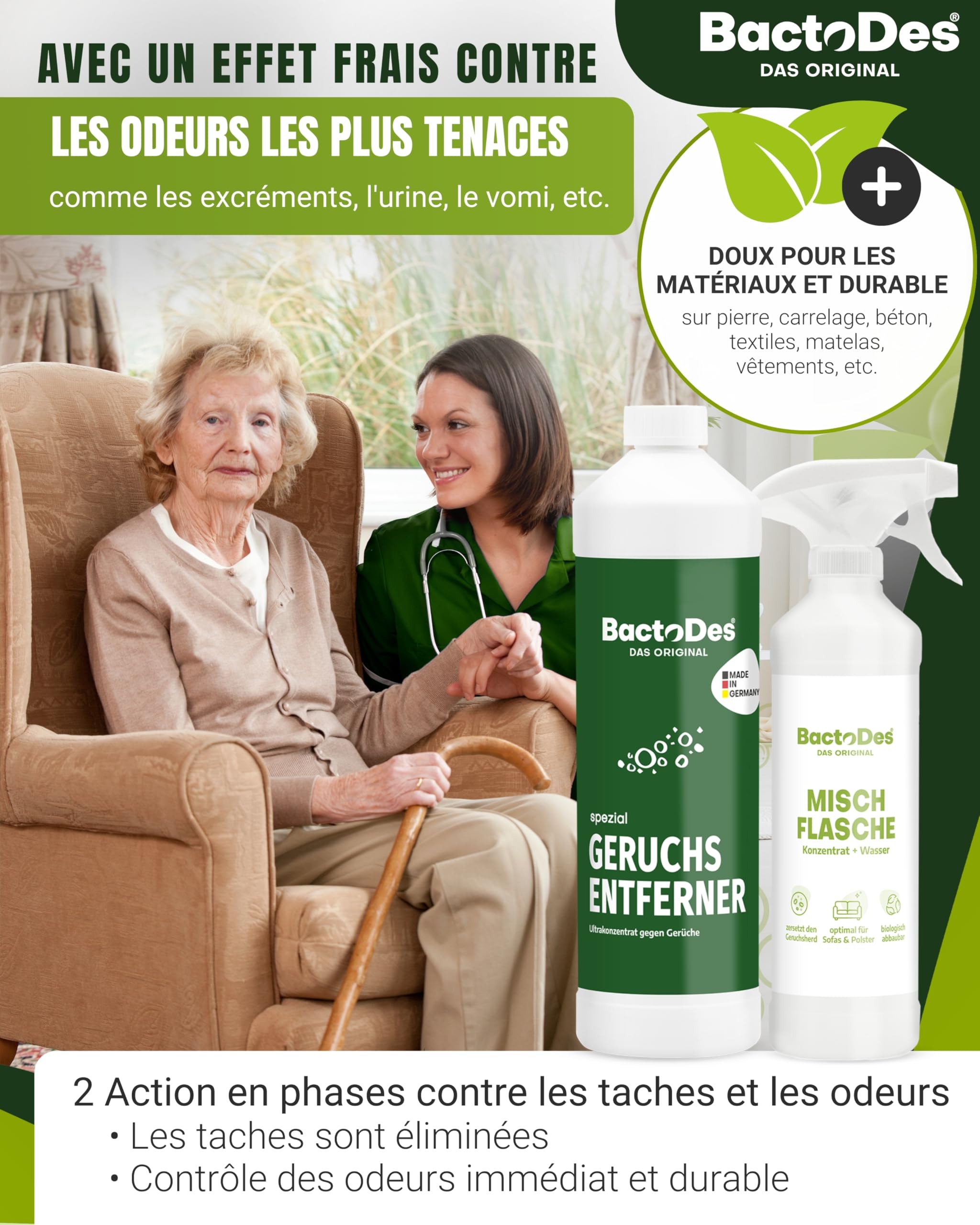 BactoDes - Desodorisant Maison 1L concentré avec Vaporisateur mélangeur - Nettoyant enzymatique Universel avec Action microbienne Bio - Élimination Efficace de Toutes Les Odeur Maison