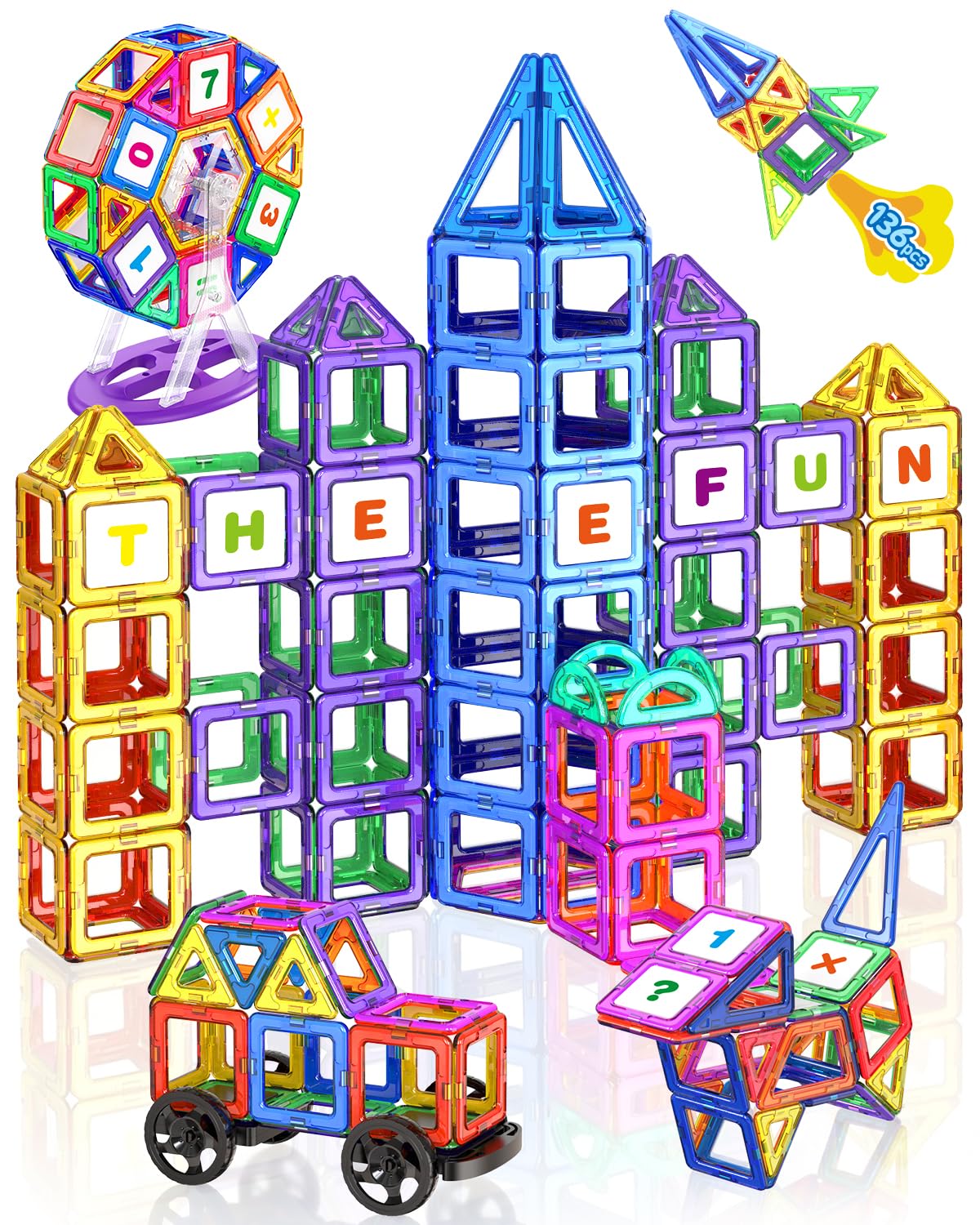 136PCS Magnetic Tiles for Kids, 3D Magnet Building Blocks STEM Montessori Educational Toys with Assorted Shapes & Colours, Magnetic Toys for 3–8 Year Old Boys Girls Christmas Birthday Gift