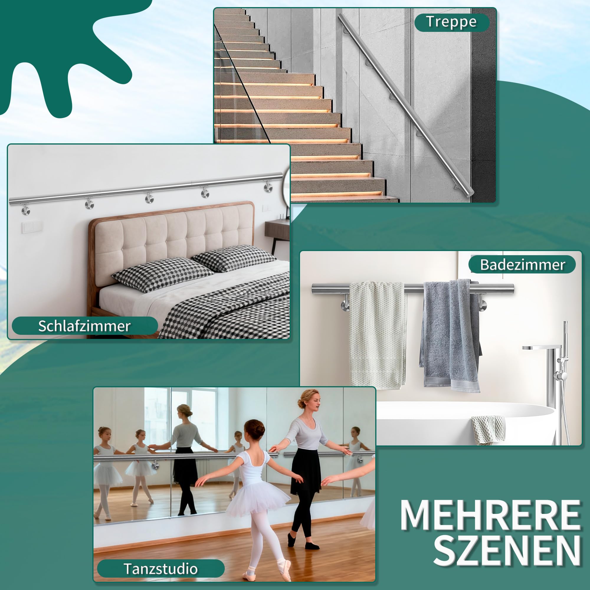 Edelstahl-Handlauf, 300CM Treppengeländer, Geländer mit 42 mm Durchmesser,Wandmontierter Handlauf mit Wandhalterungen und Befestigungselementen, Geeignet für Innen/Außenbereich