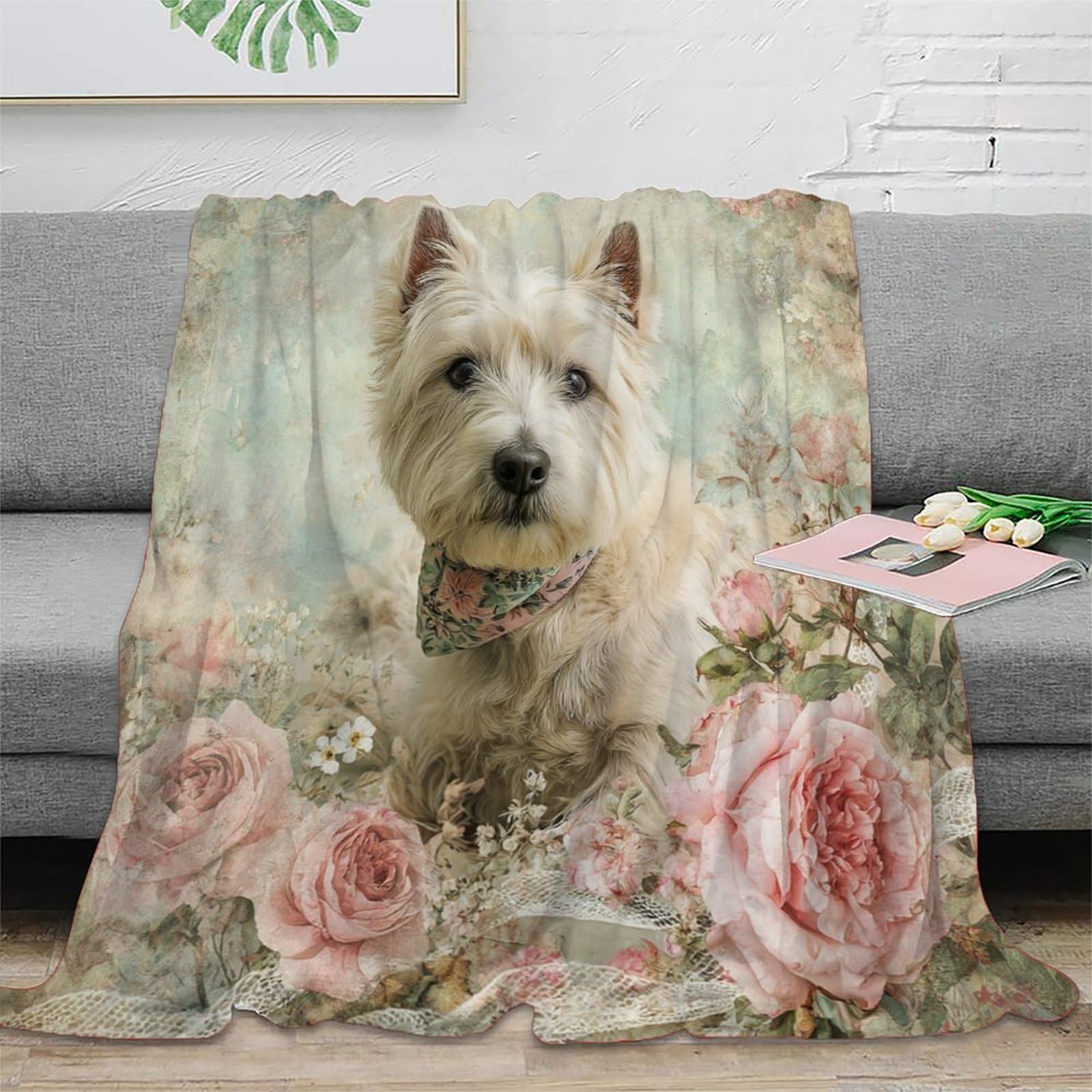 Couverture White Terrier en microfibre 3D imprimée vintage floral 150x200cm