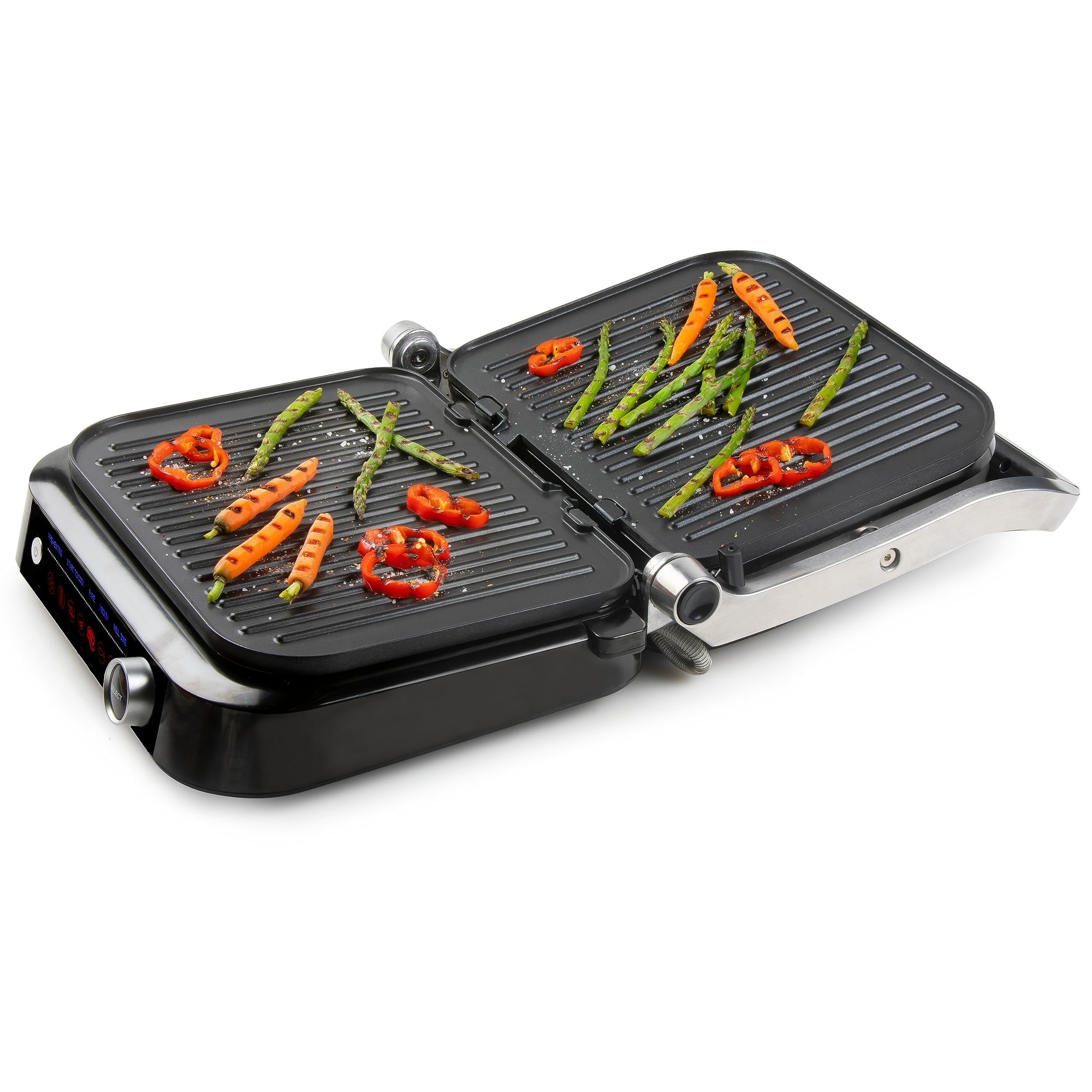 DOMO Genius elektryczny grill kontaktowy, powłoka nieprzywierająca, z wyświetlaczem ze stali nierdzewnej, czarny