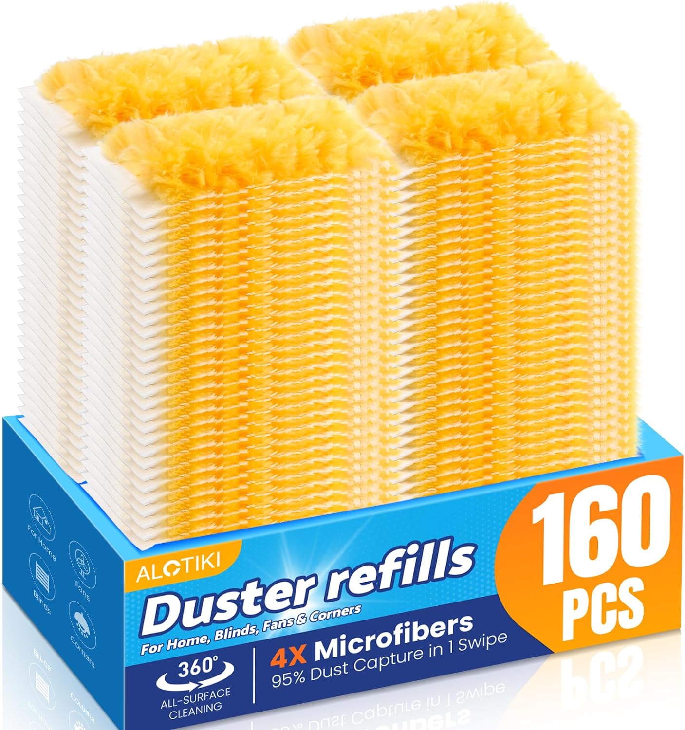 Heavy Duty Duster Refills, 160 Count 360° Double-Sided Duster Refill and 1 Yellow Handle, Disposable Dusters Refill for Daily Dust Cleaning, Electronics, Furniture, Blinds, Ceiling Fans
