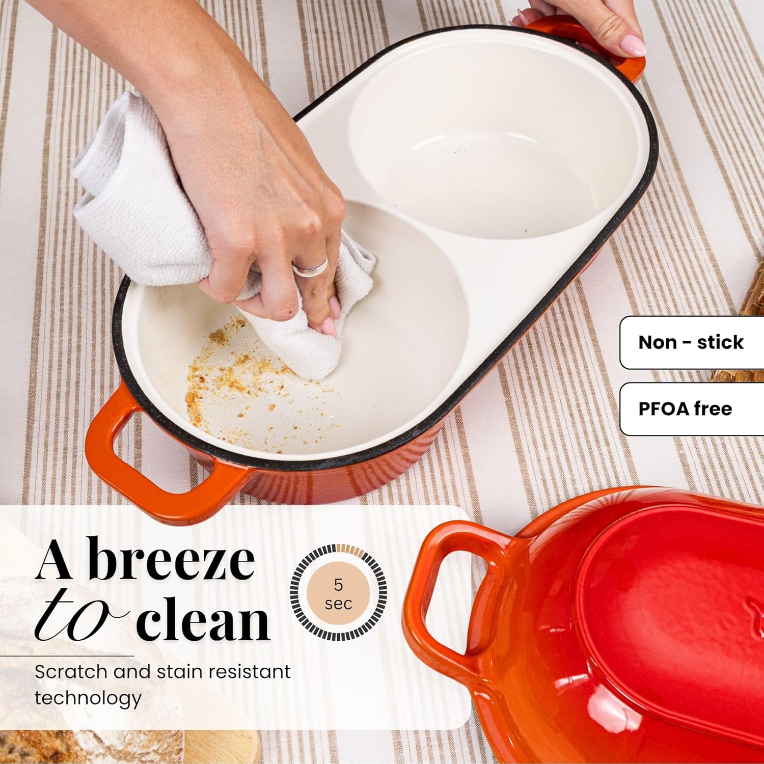 Dutch Oven For Sourdough Bread Baking – Enamelled Cast Iron Bread Loaf Pot – 500°F Oven Safe Non Stick Bread Pot – Double Round Loaf Space, 16.5cm Diameter, Orange, – by Nuovva