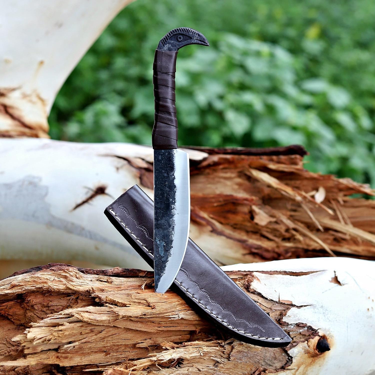 Hand-Forged Viking Axe and Norse Vikings Knife Set | 20" Carbon Steel Axe with Raven-Head Knife with Leather Sheath | Medieval Replica Collectible Gift Set for Men.