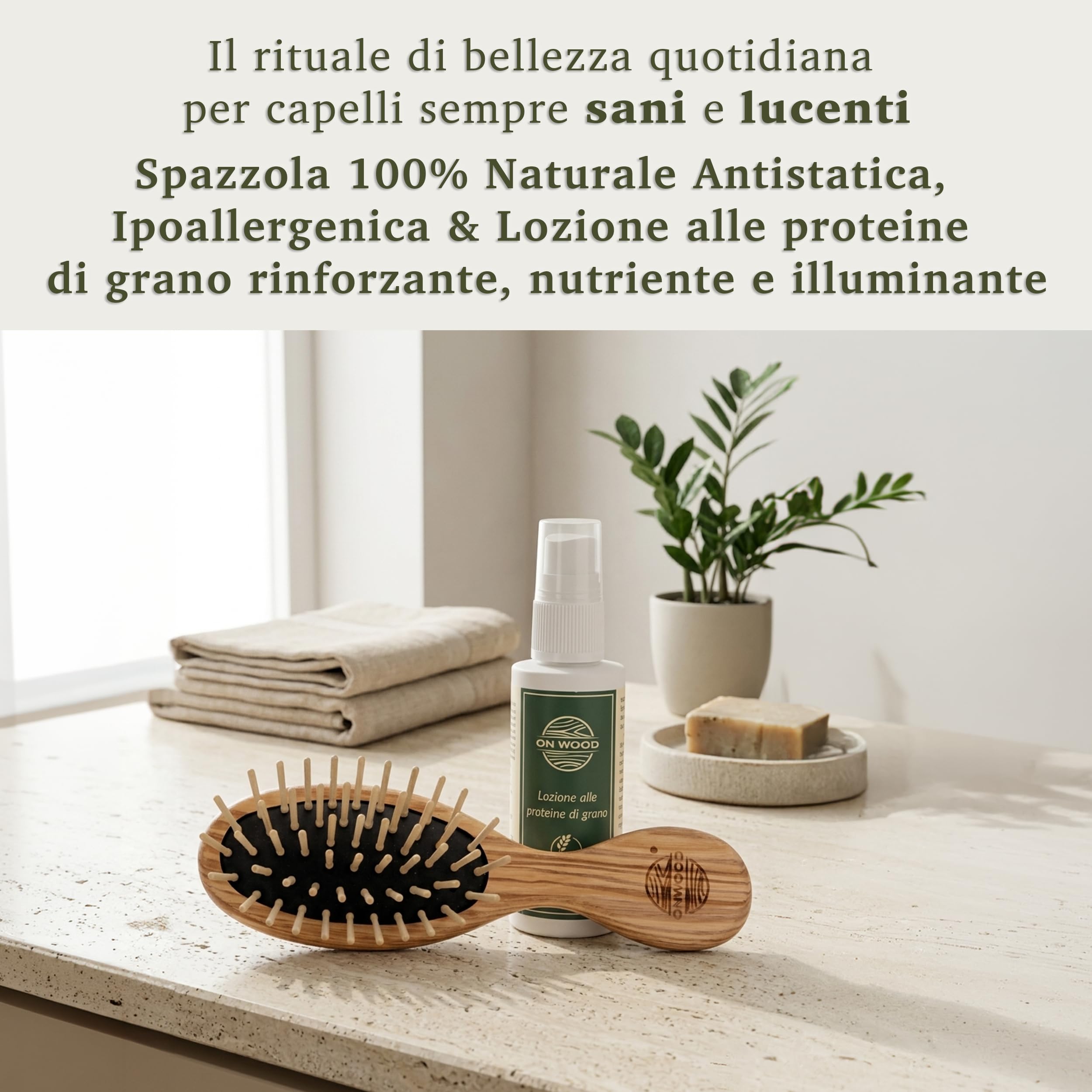 ONWOOD Cepillo de madera para el cabello con loción de proteínas de trigo para masaje de cuero cabelludo – Fortalece el cabello y contrasta la caída – Cepillo grande fabricado en Italia