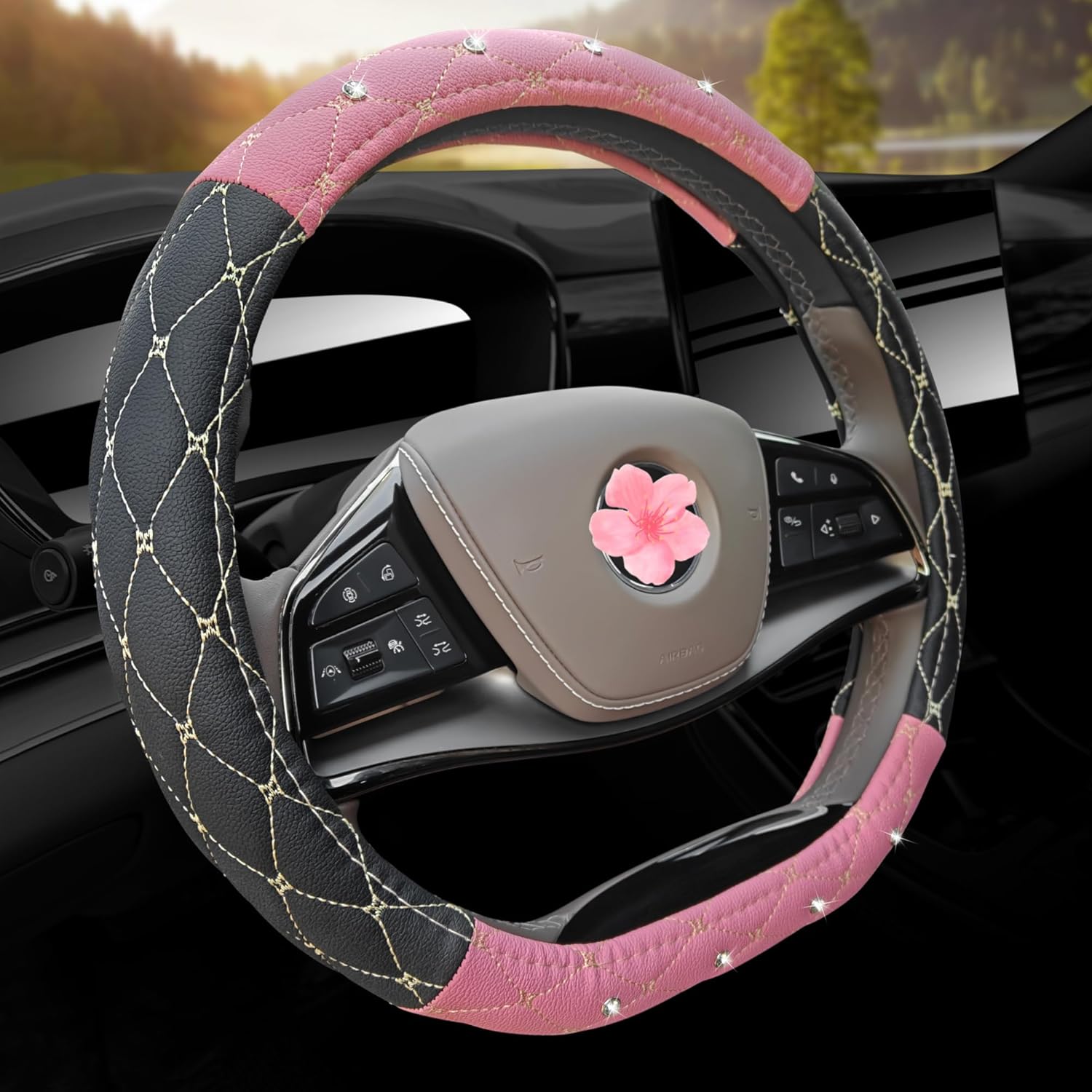 Leather Steering Wheel Cover, Breathable Anti-Slip Black White Universal Fit 14" 1/2-15" Car Wheel Protector for Women Girl Fit Suvs,Vans,Sedans,Car,Trucks (Light Purple)