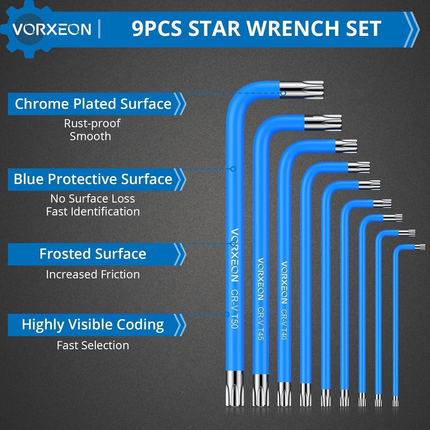 9PCS Star Wrench Key Set T10 to T50 Torx Wrenches Hex Keys With Visible Coding And Non-slip Coating, Long Arm Star Key With Hole for Auto Repair, Furniture Assembly, Household DIY