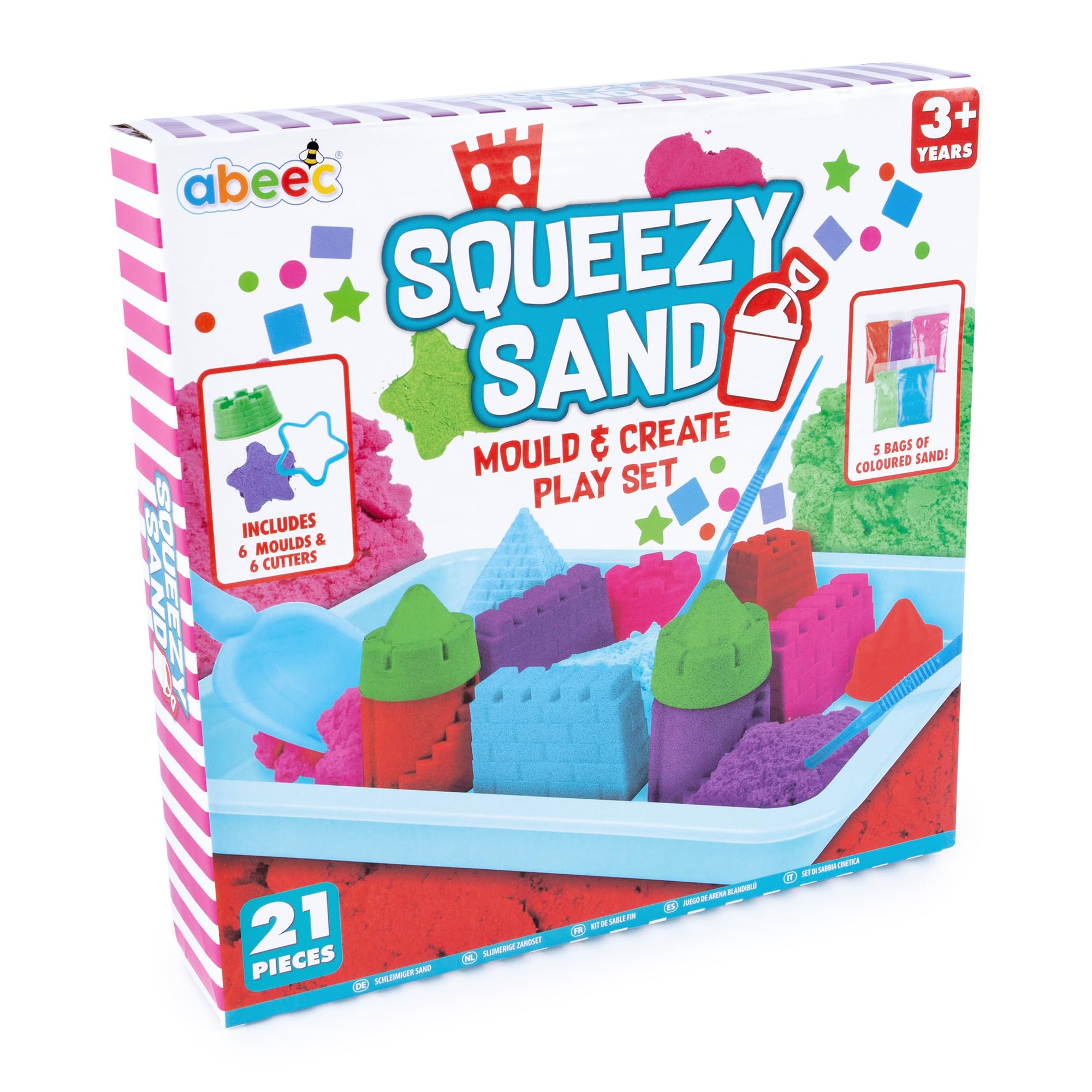 abeec Play Sand for Indoor and Outdoor Play, Colourful Play Sand For Kids, Create Amazing Sand Art, 21pc Set with x 5 Colour Sand, Moulds, Spade and Cutters for Endless Creative Fun For Boys and Girls
