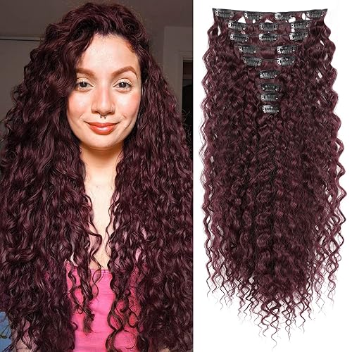 LONAI - 9 extensiones de cabello negro con clip, LN001 de 22 pulgadas, largo, rizado, grueso, resistente al calor, sintético, suave, ondulado