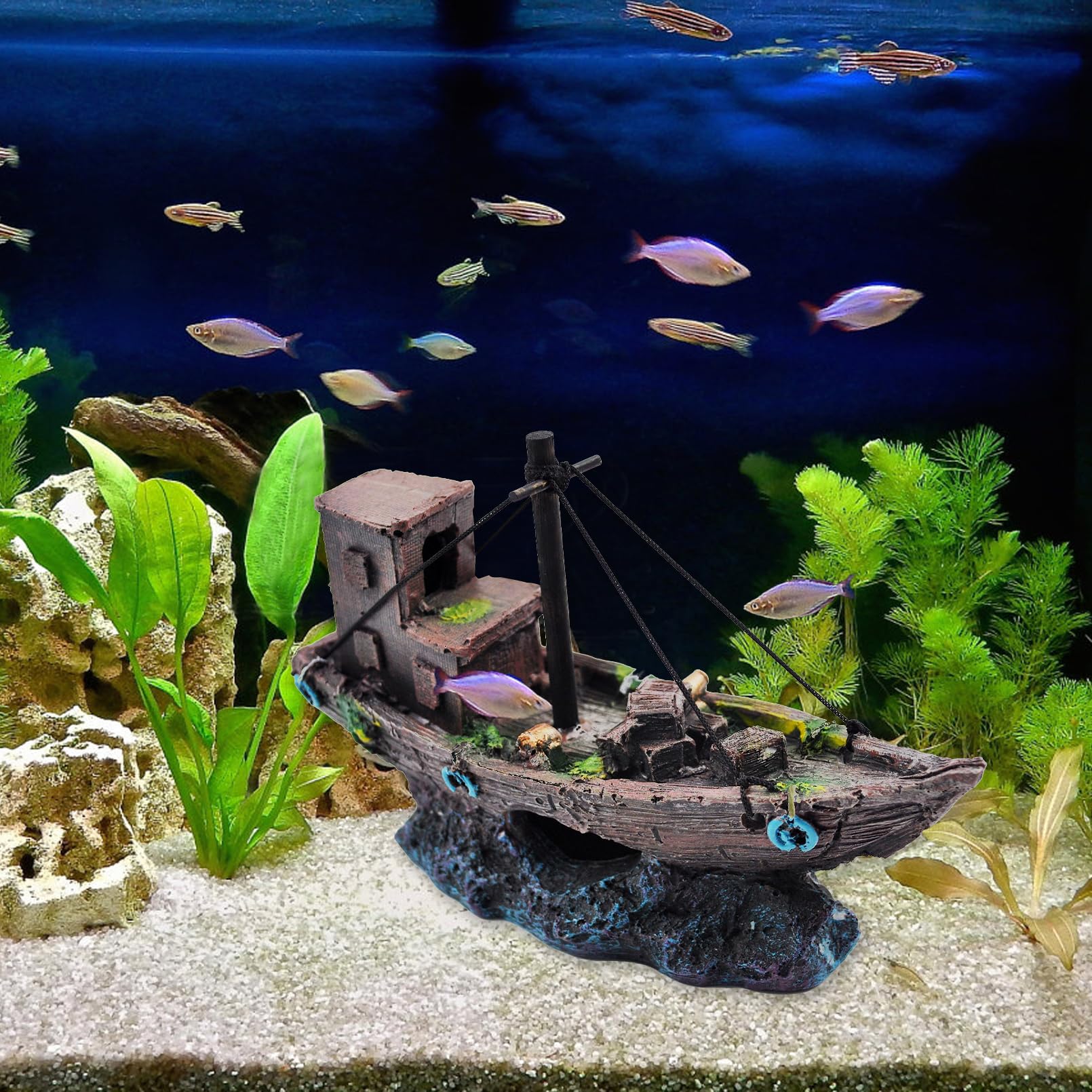 kathson Aquarium Shipwreck Decor Fish Tank Sunken Ship Ornament Pirate Shipwreck Decoration Resin Sunken Boat Betta Fish Sunken Ships Accessories for Freshwater Saltwater Tanks, Dark Brown : Pet Supplies