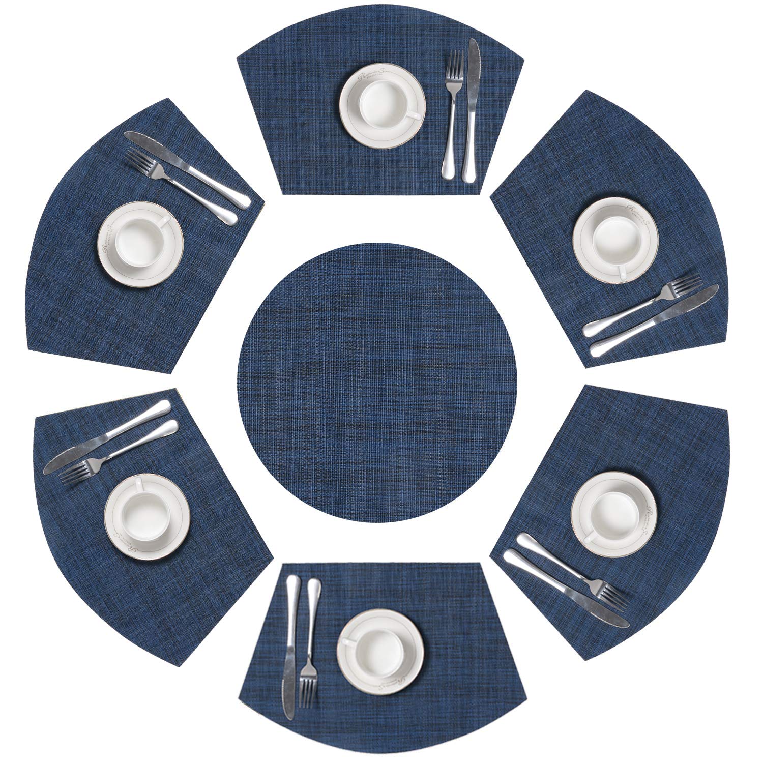 SHACOS Round Table Placemats Set of 7 Woven Vinyl Wedge Placemat with Centerpiece Mat Heat Resistant Place Mats Round Table Mats Wipe Clean (7, Blue