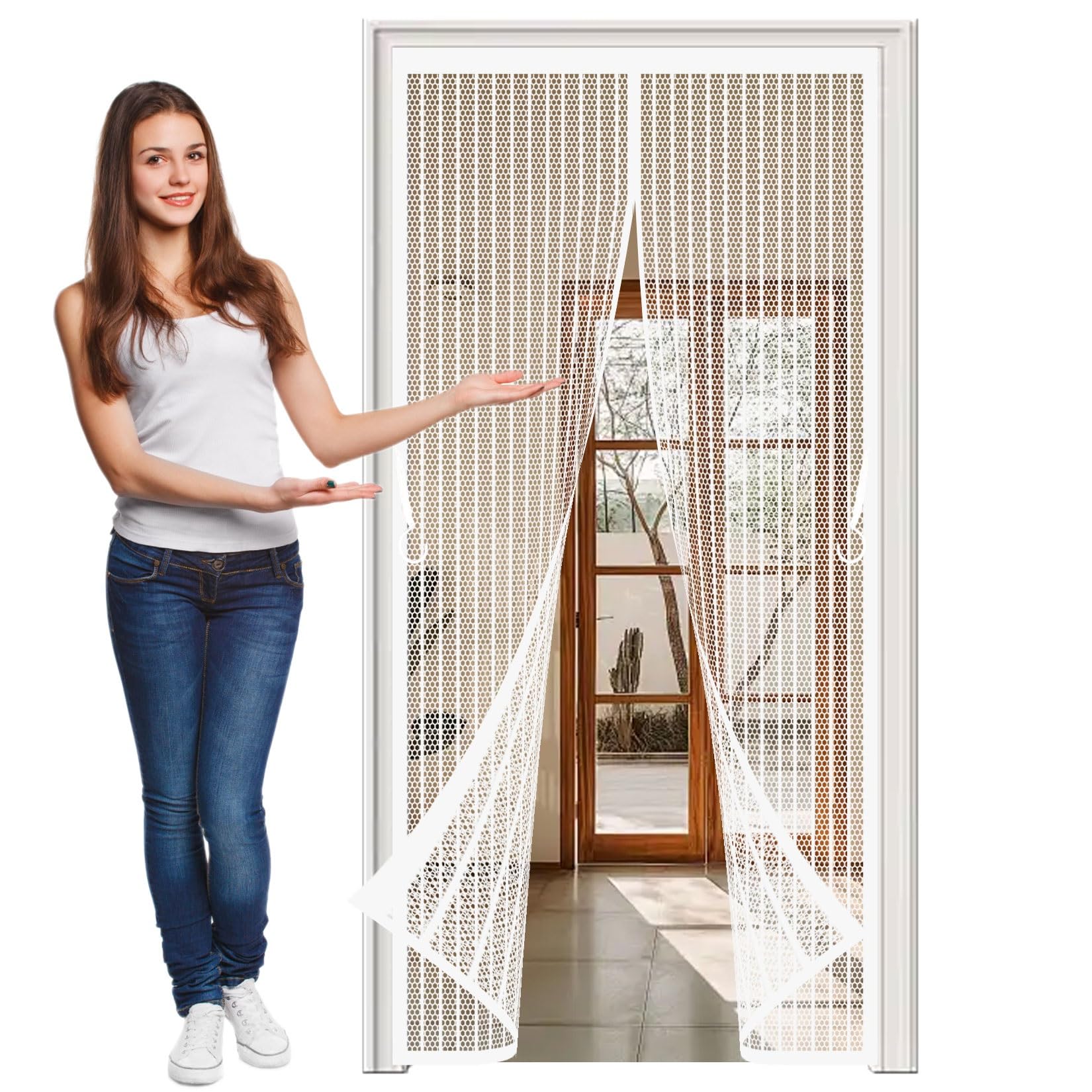 Magnetic Fly Insect Screen Door 84 x 141 cm with Magnets, Magic Tapes, Polyester Flyscreen French Doors, Bug Mesh Curtain Heavy Duty, Lets Fresh Air Pet and Kid Friendly, White