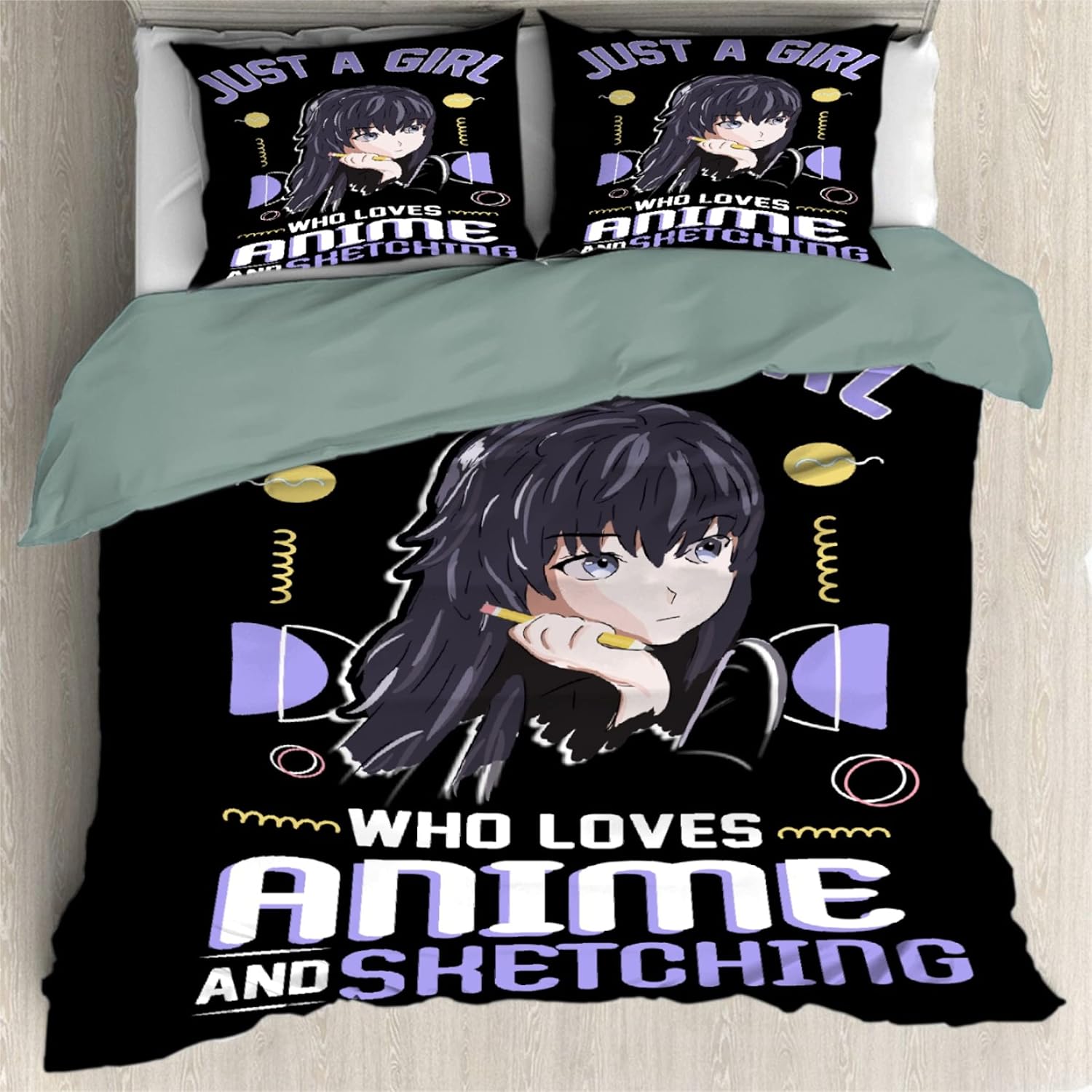 Comforter Cover 3 Pieces Bedding Set Just A Girl Who Loves Anime and Sketching Ultra Soft Microfiber for Teen Bedding Girls Bedroom Full Size Twin（180x220cm） (1 Quilt Cover+2 Pillow Shams)