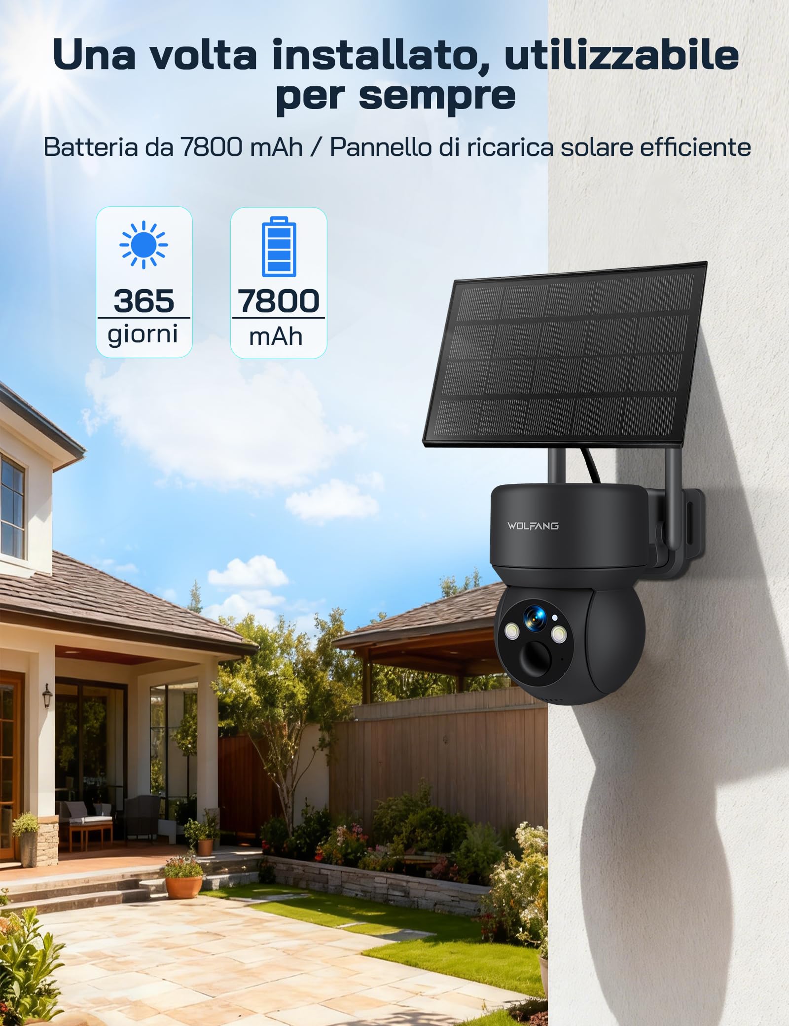 WOLFANG Telecamera Esterno 4G con SIM, Telecamera Esterno 360° PTZ, Visione Notturna a Colori, Rilevazione di Movimento PIR con Allarme, IP66, Audio a 2