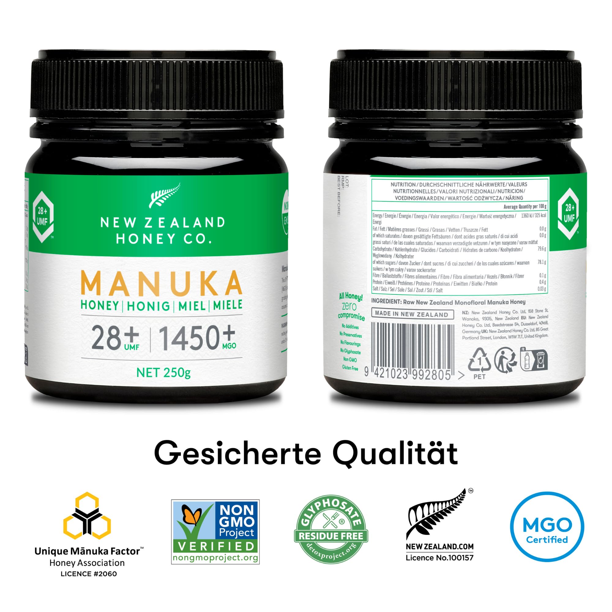 Manuka Honig MGO 1450+ UMF 28+, unabhängig laborgeprüft, roh, 250g | Seltenster höchster Grad, UMF 28+ & MGO zertifiziert, unabhängig laborgeprüft, roh & monofloral, ideal als Geschenk