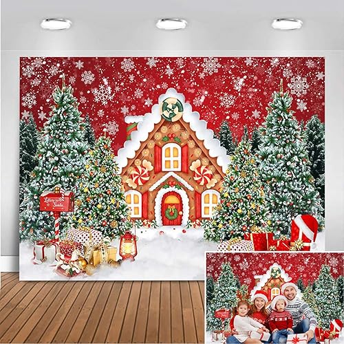 Miniatura 10 de Mocsicka Telón de fondo navideño de casa de jengibre, 7 x 5 pies, color rojo, intercambio de galletas, fondo de fotos, invierno, casa de jengibre,