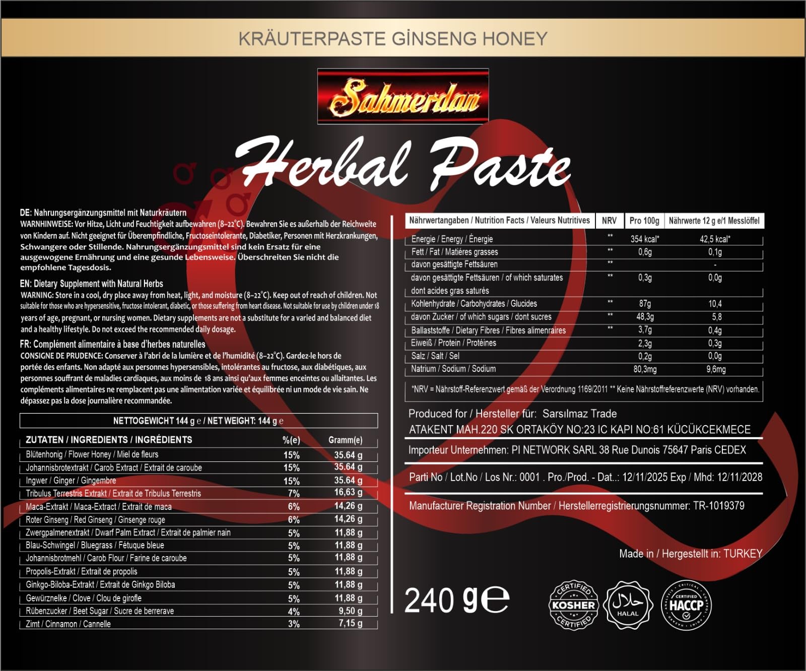 Sahmeran 240G Black Edition SAHMERDAN Türkisches MACUN Kräuterpaste Herbal Gel Hochdosiert für den Aktiven Mann, Sofortwirkung