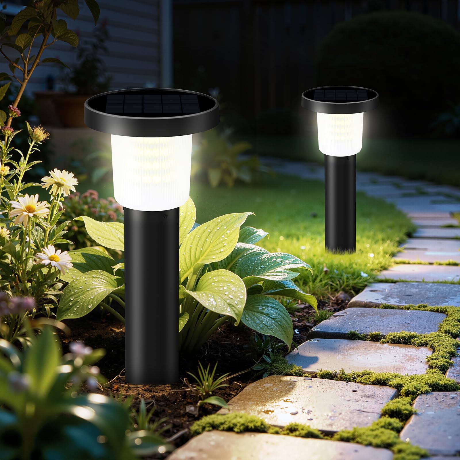 Lightonight Paquete de 2 luces solares de camino para exteriores, IP65, impermeables, con control remoto de 3 colores, luces de paisaje de encendido/apagado automático para patio, jardín, entrada