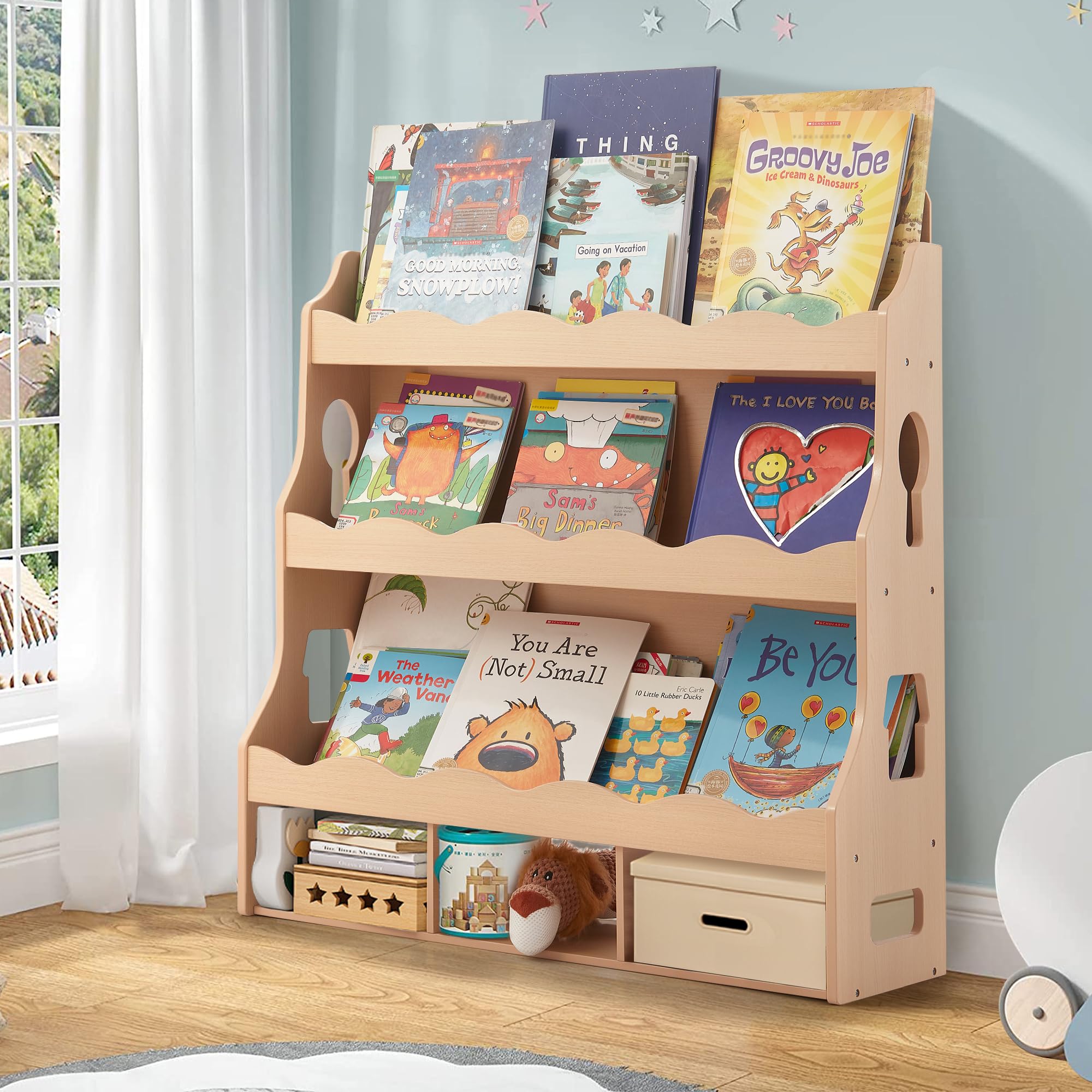 Estantería de madera para niños, estantería para habitaciones infantiles con bordes festoneados, estantería duradera para niños con 3 cubos para libros y juguetes, estantería Montessori para 7