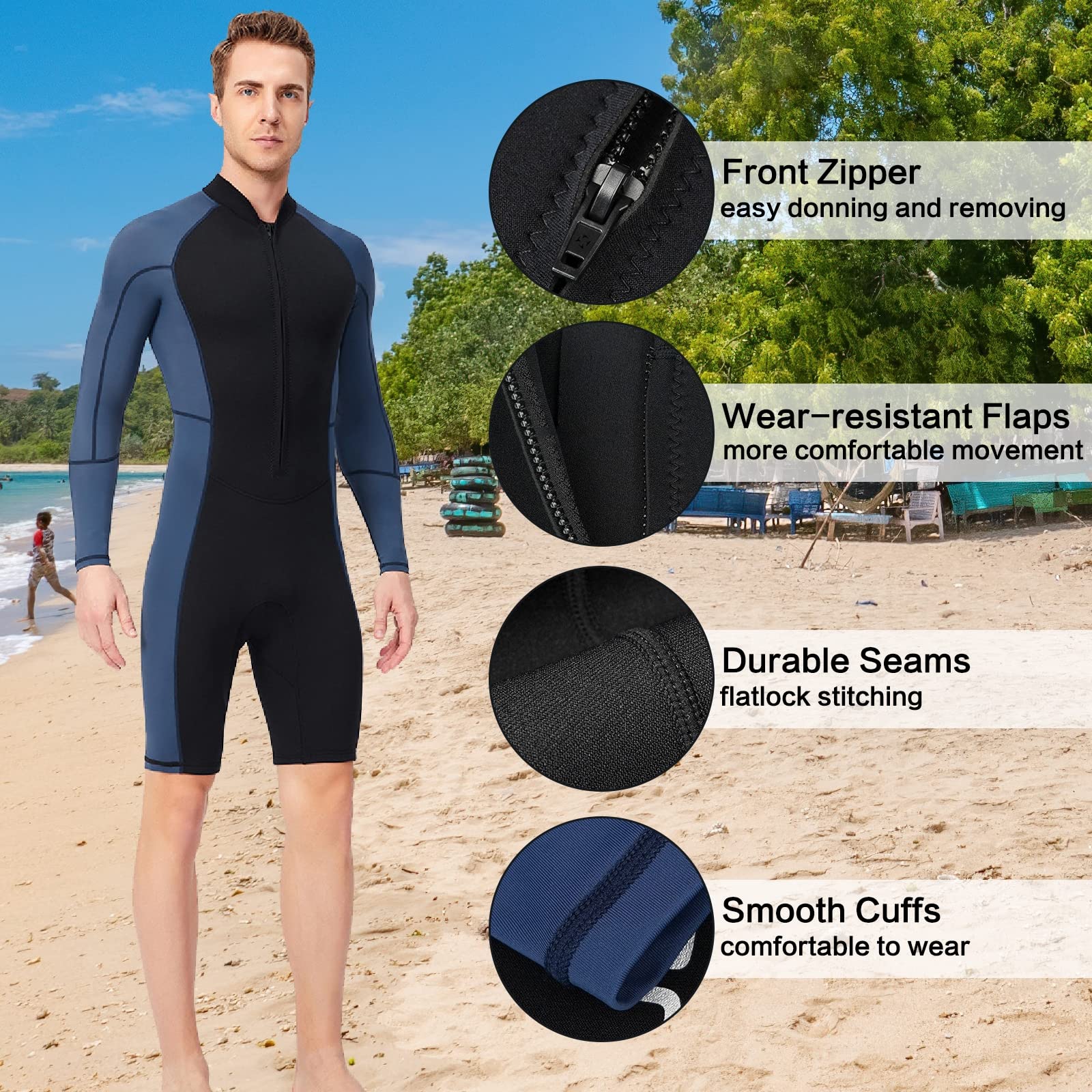 Combinaison Plongée Homme 1.5mm Shorty Neoprene Wetsuit avec Fermeture pour Plongée Surf Natation Snorkeling Sports Nautiques,Bleu,XL