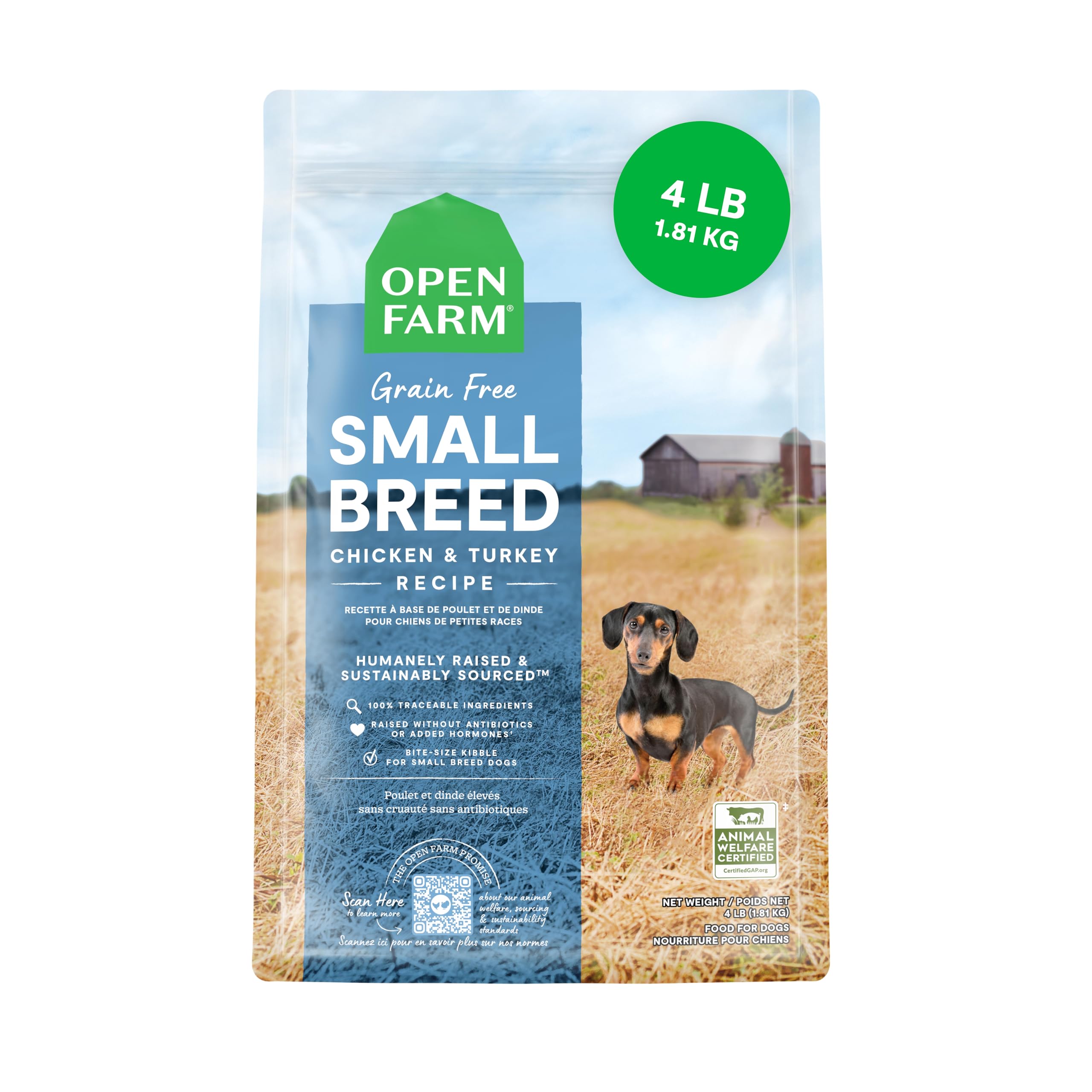 Grain-Free Dry Dog Food for Small Breeds, High-Protein Kibble, Sustainably & Ethically Sourced Ingredients, Non-GMO Veggies & Superfoods, Chicken & Turkey Recipe for Small Dogs, 4lb Bag