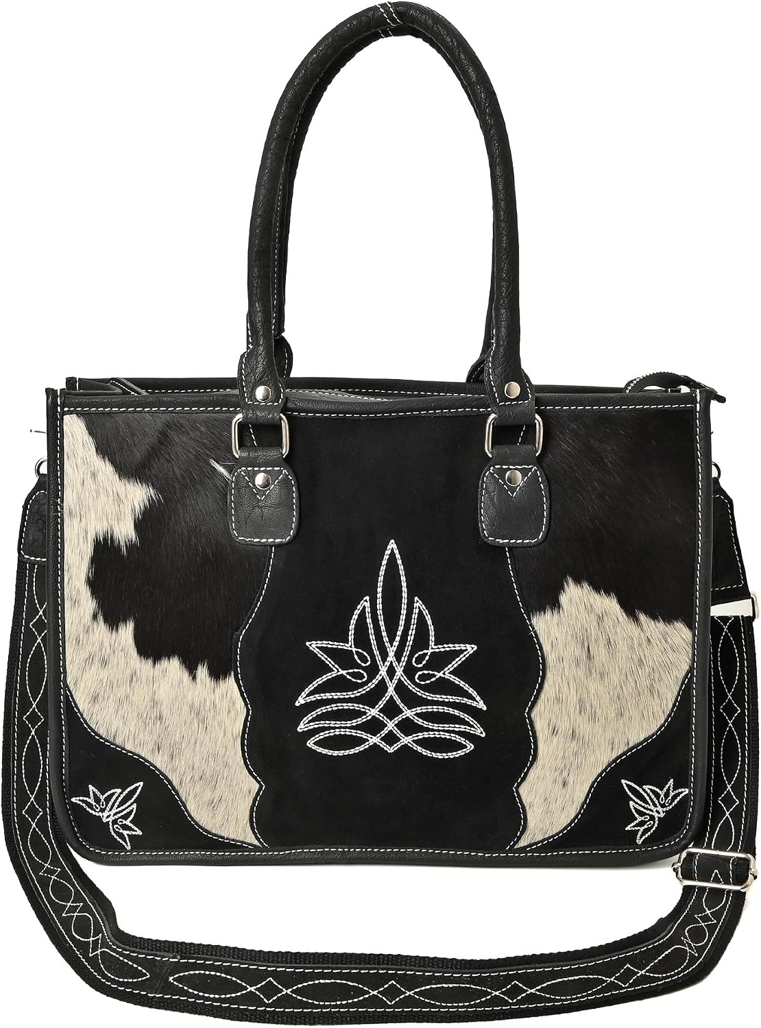 Merbaa Leather Tote Bag Western Cowhide Hair-On Tote Bag for Women Shoulder Bag Purse Handtooled With Adjustable Strap