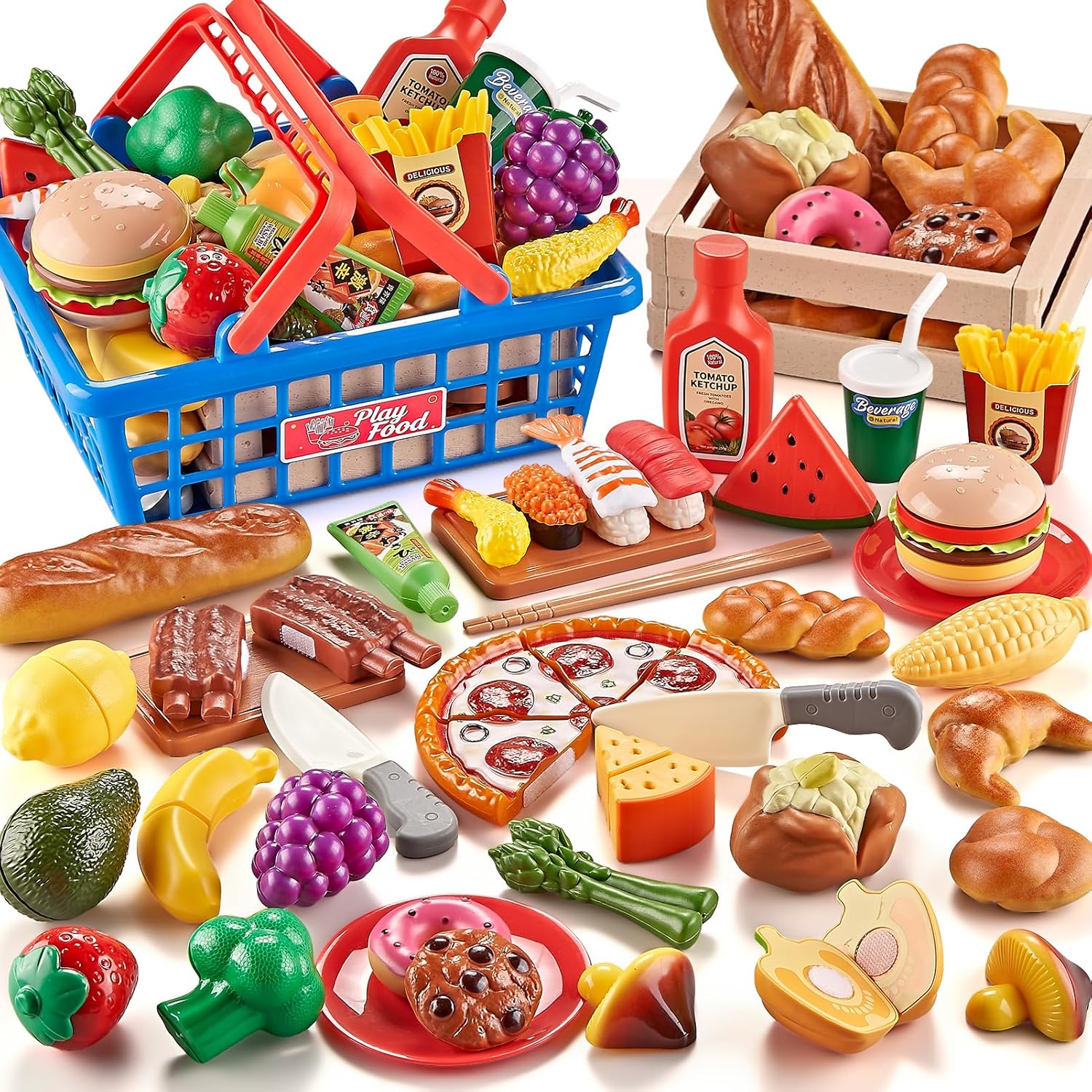 Shimfun 143 Piece Play Food for Kids Kitchen - Toy Assortment - Pretend Food for Toddler - Bonus Water Bottle + Deluxe Color Box Packaging + Storage Bag