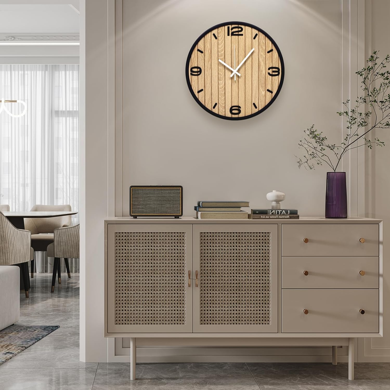12 Inch Round Wall Clock Battery Operated, Wooden Decorative Analog Clocks Non-Ticking Quartz for Apartment, Living Room, Bedroom, Hallway, Classroom - Easy to Install & Read