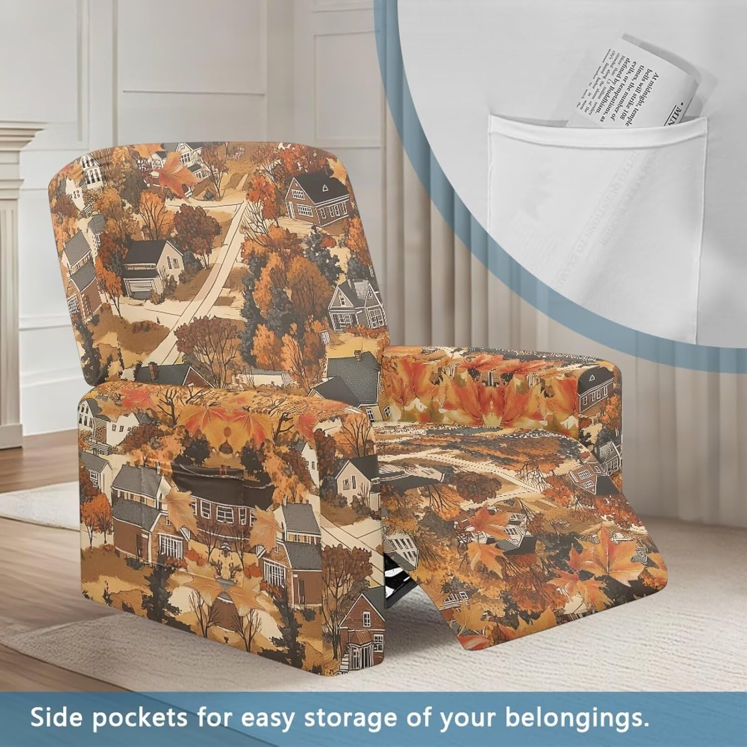 FOR U DESIGNS Fall Village Recliner Chair Covers 4 Pieces Sofa Slipcover Washable Fabric with Side Pockets Universal Fit Reclining Protector Pet Hair Resistant