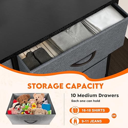 Miniatura 5 de Cómoda para dormitorio con 10 cajones, cómoda, unidad organizadora de cajones de almacenamiento, cómoda de tela ancha gris con contenedores de tela