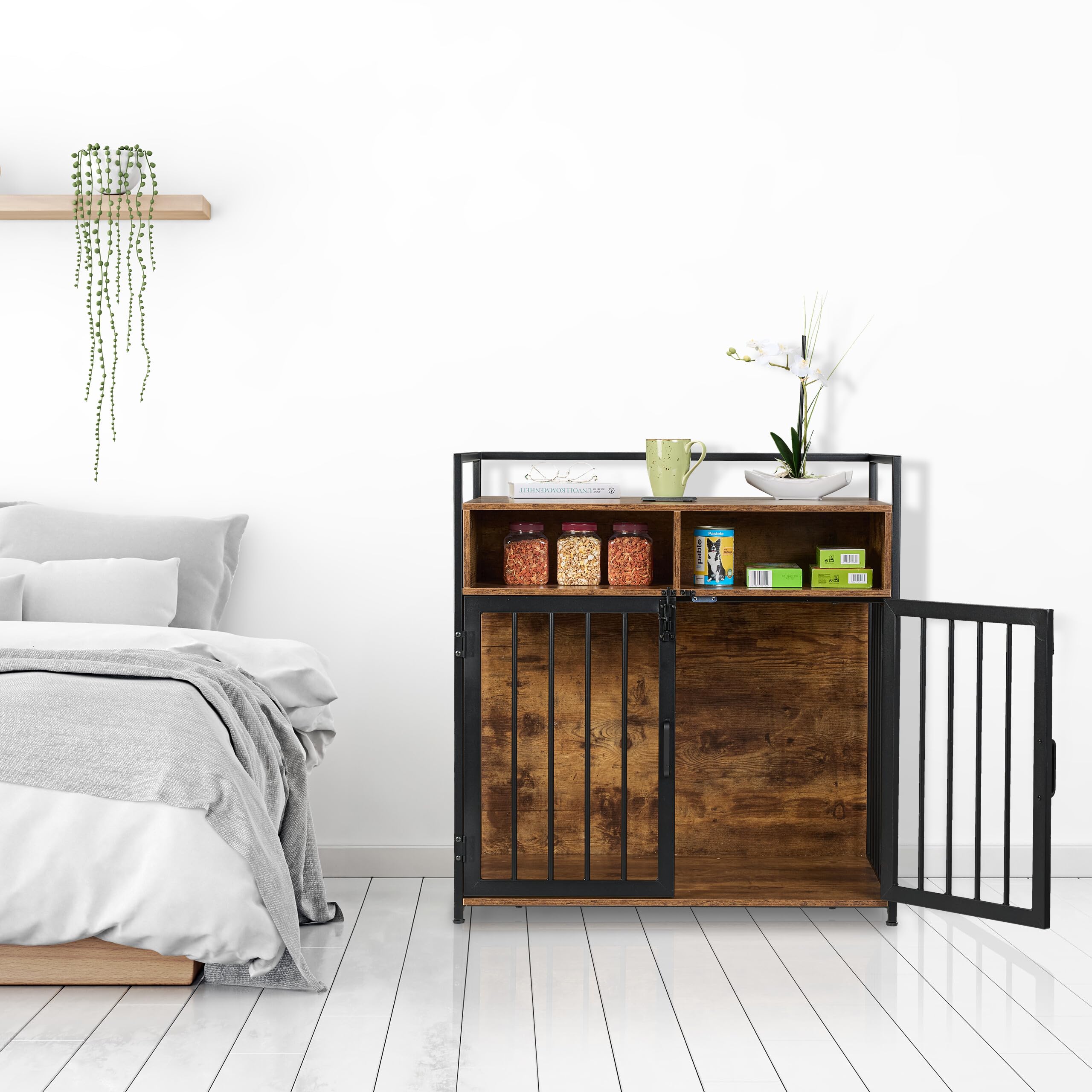 Relaxdays Gabbia per Cani, Mobile con Kennel Integrato, HLP: 85x80x54 cm, Ripiano e 2 Ante, Legno e Ferro, Marrone Nero