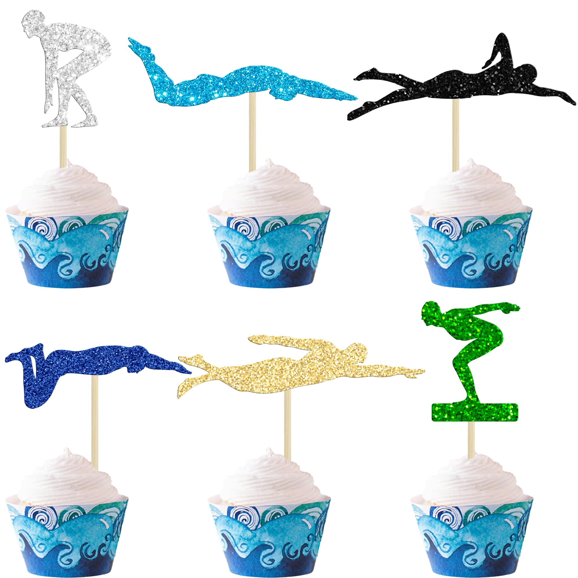 Ephlyn 30Pcs Swim Cupcake Toppers Glitter Swimming Cupcake Picks Swimmer Team Cupcake Decorations for Sports Swim Beach Pool Theme Party Baby Shower Birthday Party Decorations Supplies Gold