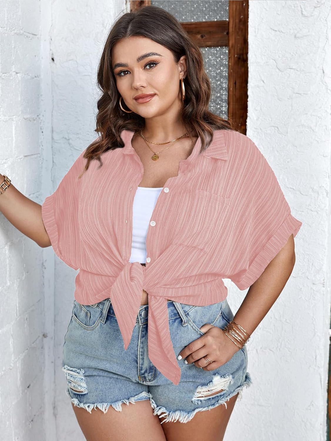 SCOMCHIC Women Plus Size Button Down Short Sleeve Shirts Collared Textured Summer Blouse Casual Tops with Pockets - Image 3